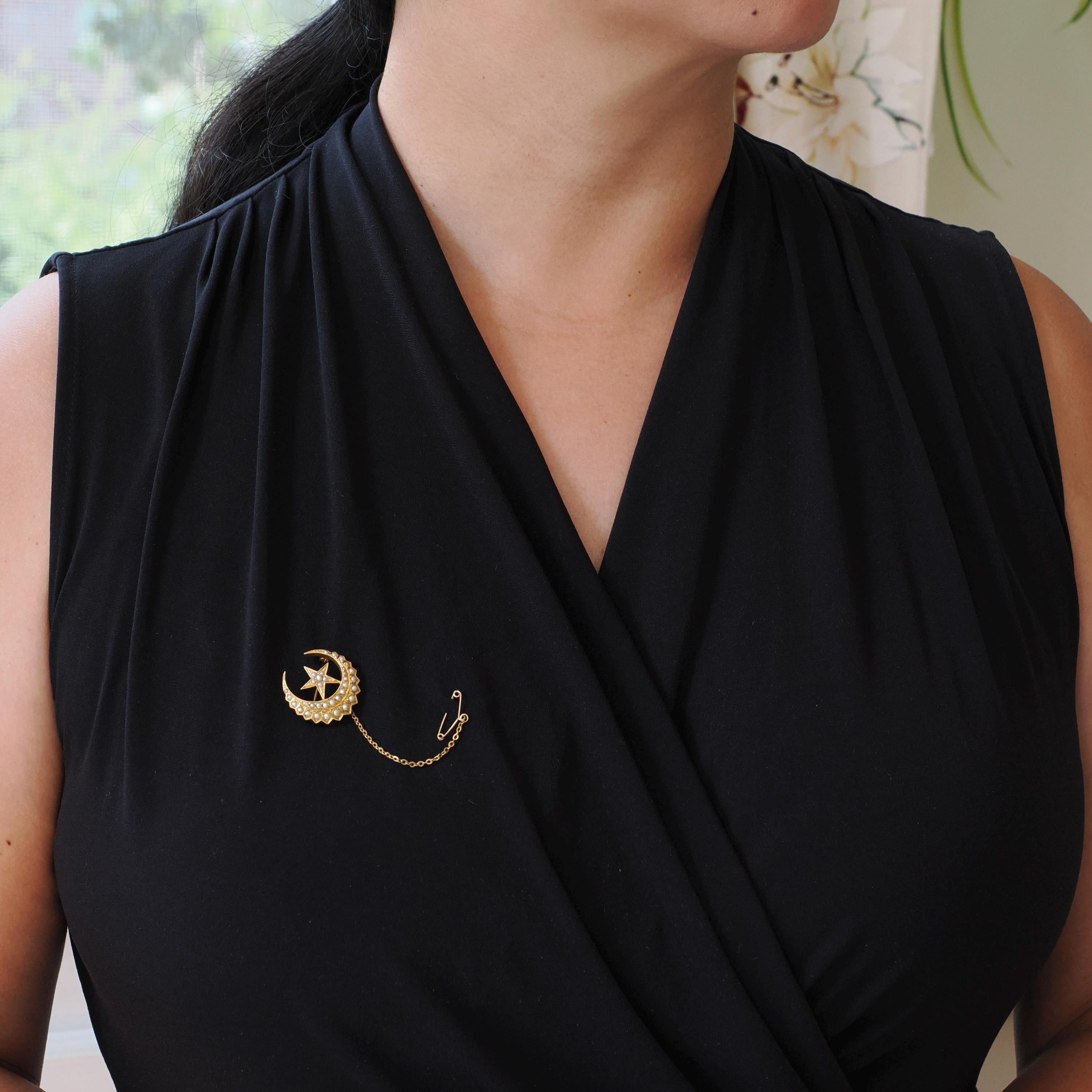 Antique Celestial Brooch - Victorian 18k Yellow Gold Seed Pearl Gemstones - Circa 1890s Era Crescent Moon & Star Pin Fine Statement Jewelry