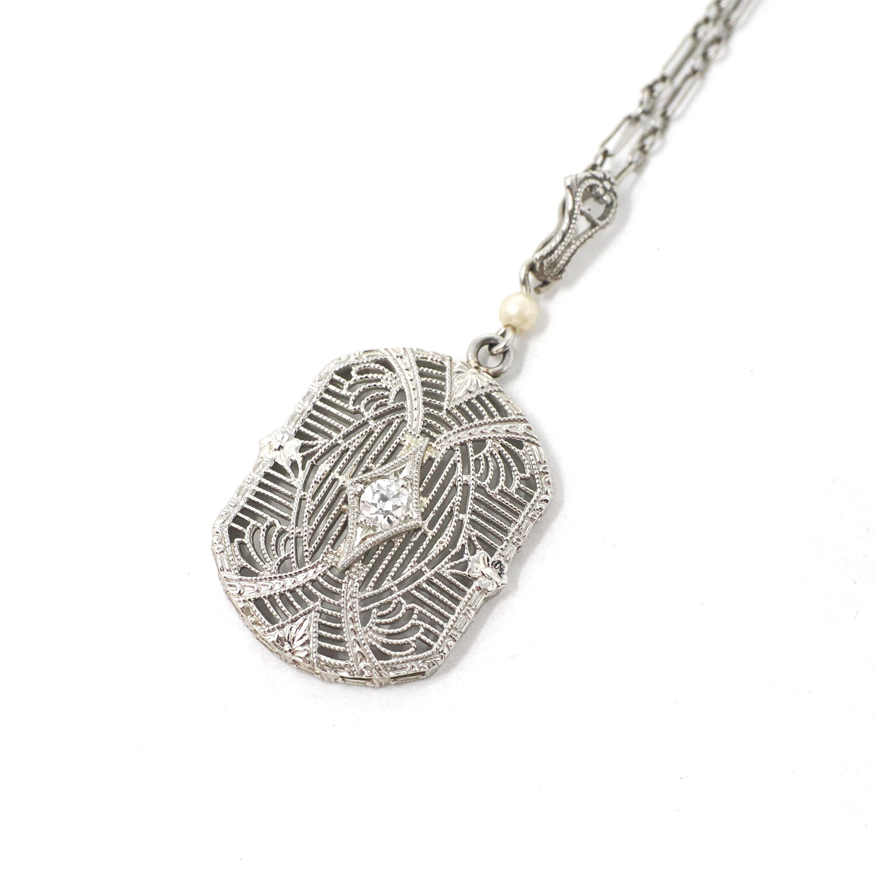 Art Deco Necklace - Vintage 10k White Gold .07 CT Diamond Necklace Lavalier - Circa 1930s Era Filigree Flower Simulated Pearl Fine Jewelry
