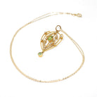 Antique Lavalier Necklace - Edwardian 15k Yellow Gold Natural Green Peridot Gem Pendant Seed Pearls - Circa 1900s Era Fine Statement Jewelry