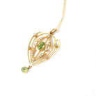 Antique Lavalier Necklace - Edwardian 15k Yellow Gold Natural Green Peridot Gem Pendant Seed Pearls - Circa 1900s Era Fine Statement Jewelry