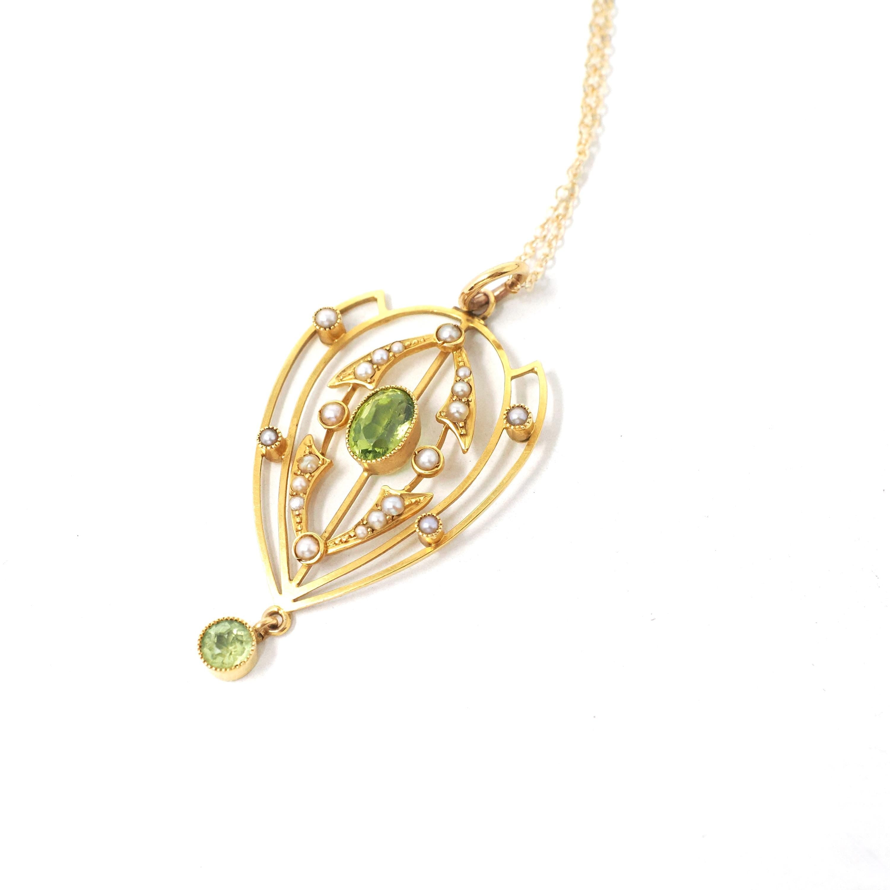 Antique Lavalier Necklace - Edwardian 15k Yellow Gold Natural Green Peridot Gem Pendant Seed Pearls - Circa 1900s Era Fine Statement Jewelry