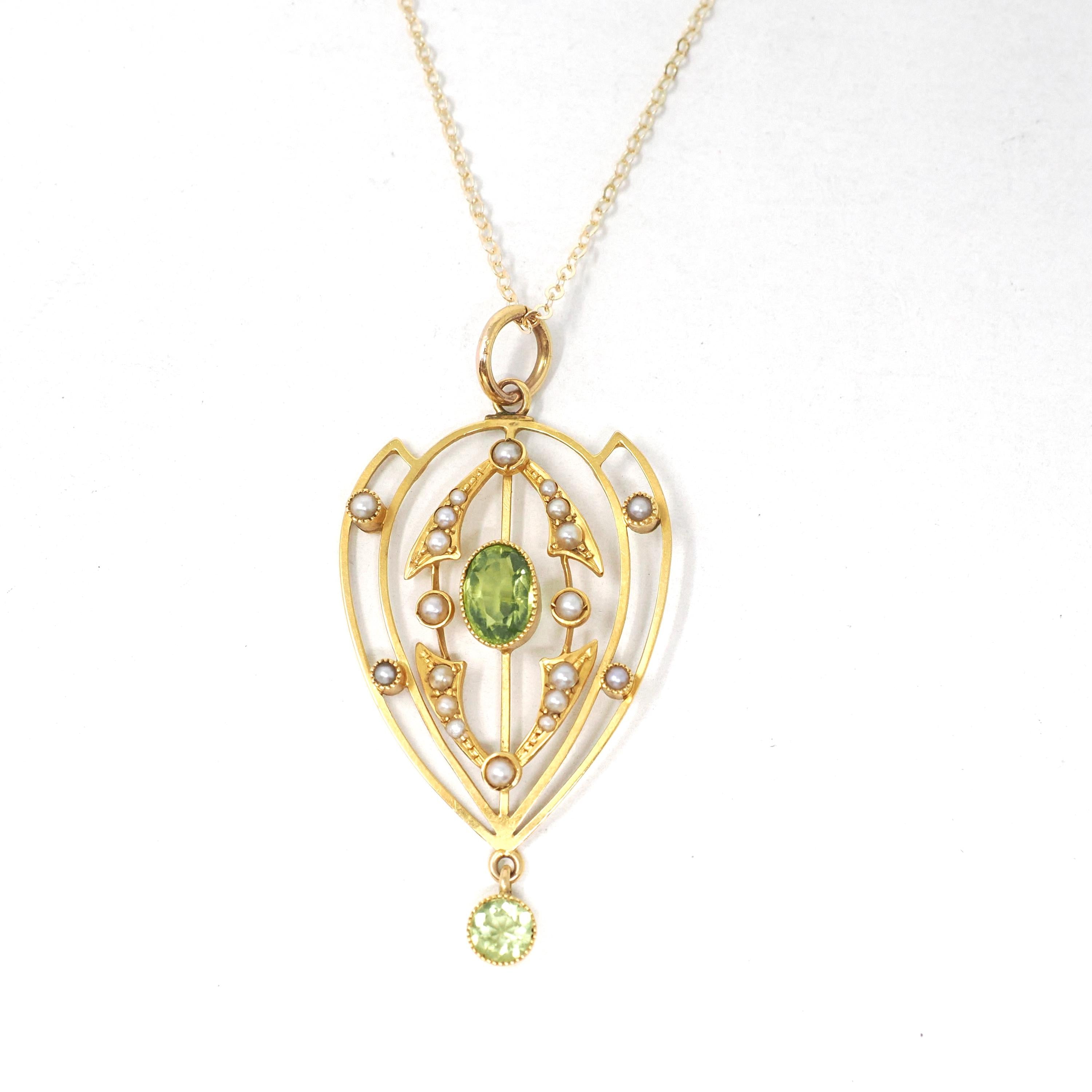 Antique Lavalier Necklace - Edwardian 15k Yellow Gold Natural Green Peridot Gem Pendant Seed Pearls - Circa 1900s Era Fine Statement Jewelry