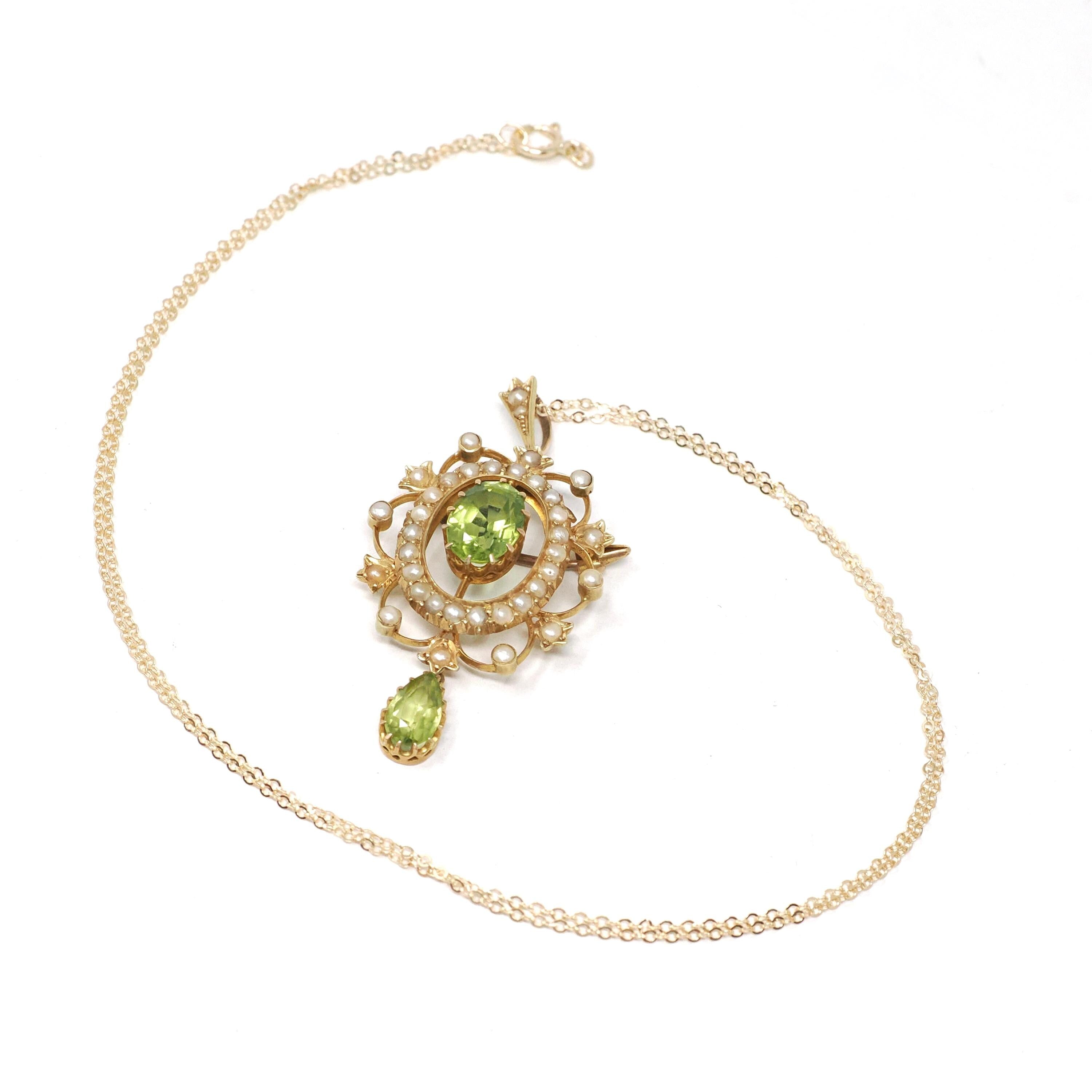 Antique Lavalier Necklace - Edwardian 15k Yellow Gold Natural Green Peridot Gem Pendant Seed Pearls - Circa 1900s Era Fine Brooch Jewelry