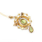 Antique Lavalier Necklace - Edwardian 15k Yellow Gold Natural Green Peridot Gem Pendant Seed Pearls - Circa 1900s Era Fine Brooch Jewelry