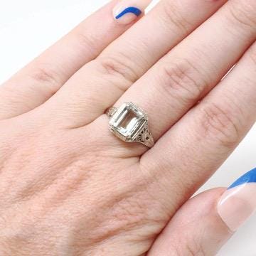 Created Quartz Ring - Art Deco 14k White Gold Emerald Cut Aqua Green Statement Gem - Antique Circa 1920's Era Size 6 Fine Filigree Jewelry