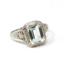 Created Quartz Ring - Art Deco 14k White Gold Emerald Cut Aqua Green Statement Gem - Antique Circa 1920's Era Size 6 Fine Filigree Jewelry