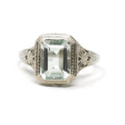 Created Quartz Ring - Art Deco 14k White Gold Emerald Cut Aqua Green Statement Gem - Antique Circa 1920's Era Size 6 Fine Filigree Jewelry