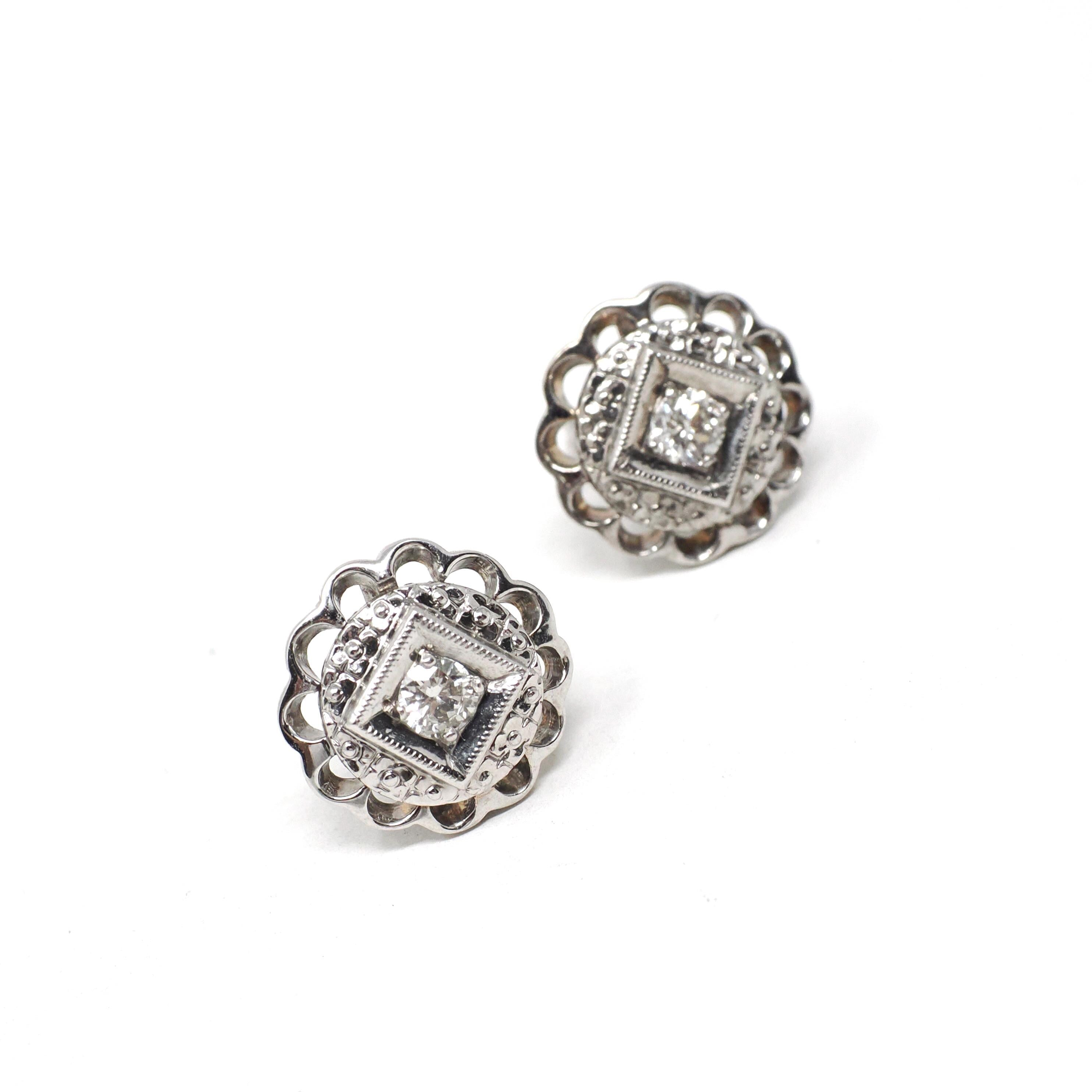Mid Century Diamond Earrings - Vintage 14k White Gold Pierced Push Backs Studs - Circa 1950s Era Round Flower Floral Fine Statement Jewelry