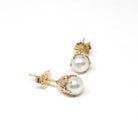 Cultured Pearl Earrings - Retro 10k Yellow Gold Round White Organic Gemstone Stud Posts - Vintage Circa 1940s Era Fine Statement Jewelry