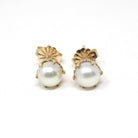Cultured Pearl Earrings - Retro 10k Yellow Gold Round White Organic Gemstone Stud Posts - Vintage Circa 1940s Era Fine Statement Jewelry