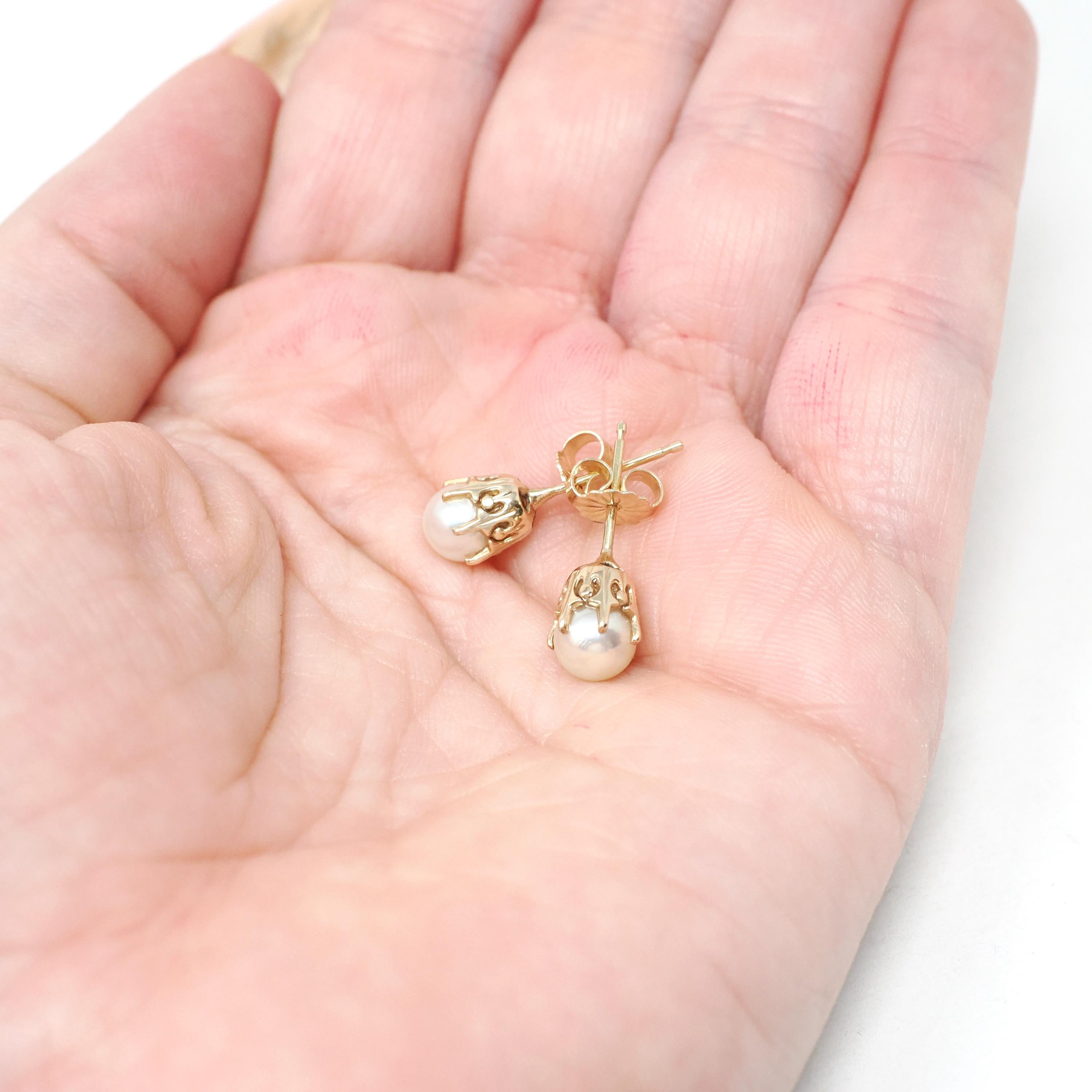 Cultured Pearl Earrings - Retro 10k Yellow Gold Round White Organic Gemstone Stud Posts - Vintage Circa 1940s Era Fine Statement Jewelry