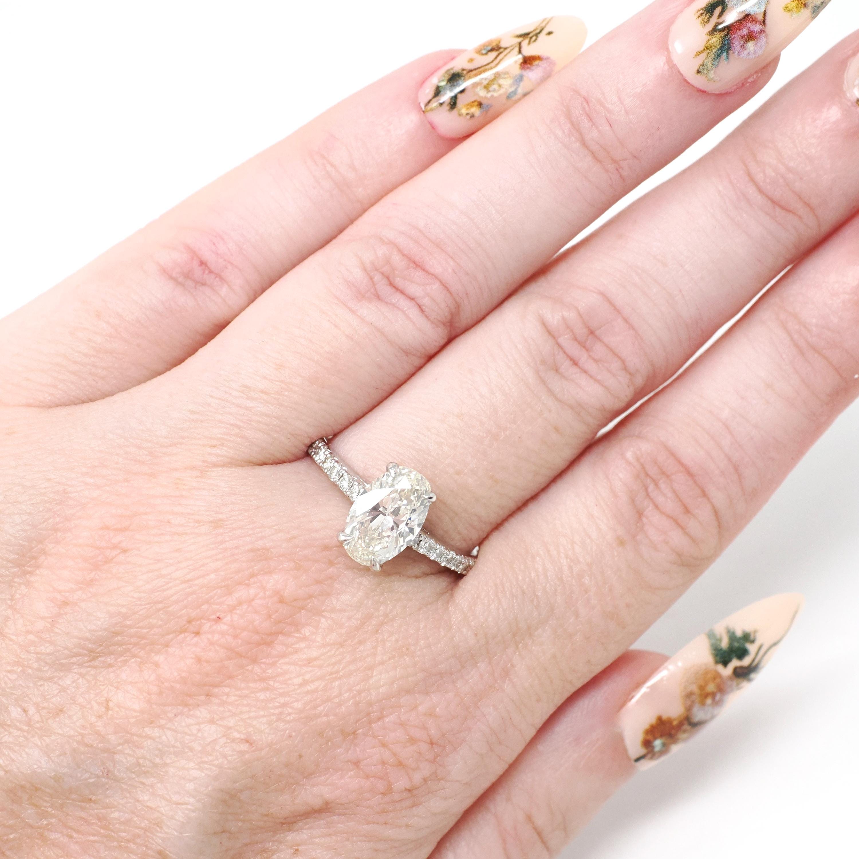 Oval Diamond Ring - Modern Platinum Natural 2.22 CTW Classic Accented Engagement - Circa 2000s Era Size 9 1/4 Fine Bridal Wedding Jewelry