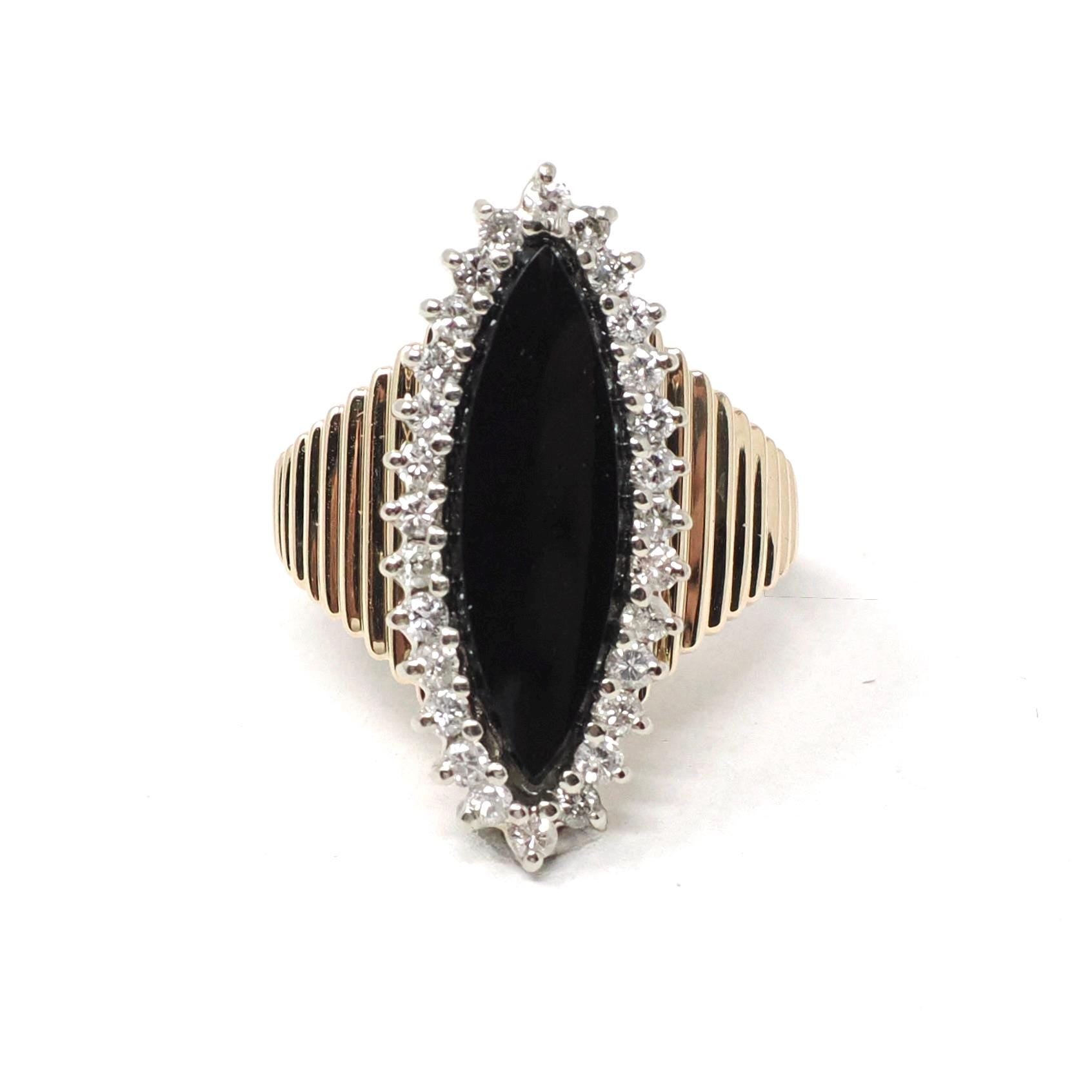 Onyx Halo Ring - Vintage 14k Yellow & White Gold Black Navette Gem .48 CTW Diamonds - Circa 1970s Retro Era Size 6.25 Fine Statement Jewelry