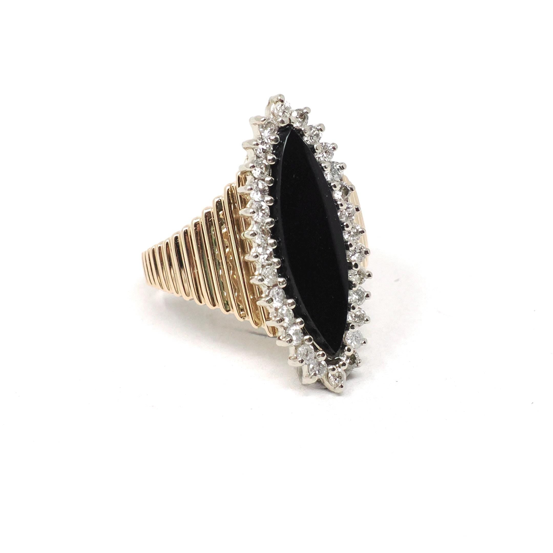 Onyx Halo Ring - Vintage 14k Yellow & White Gold Black Navette Gem .48 CTW Diamonds - Circa 1970s Retro Era Size 6.25 Fine Statement Jewelry