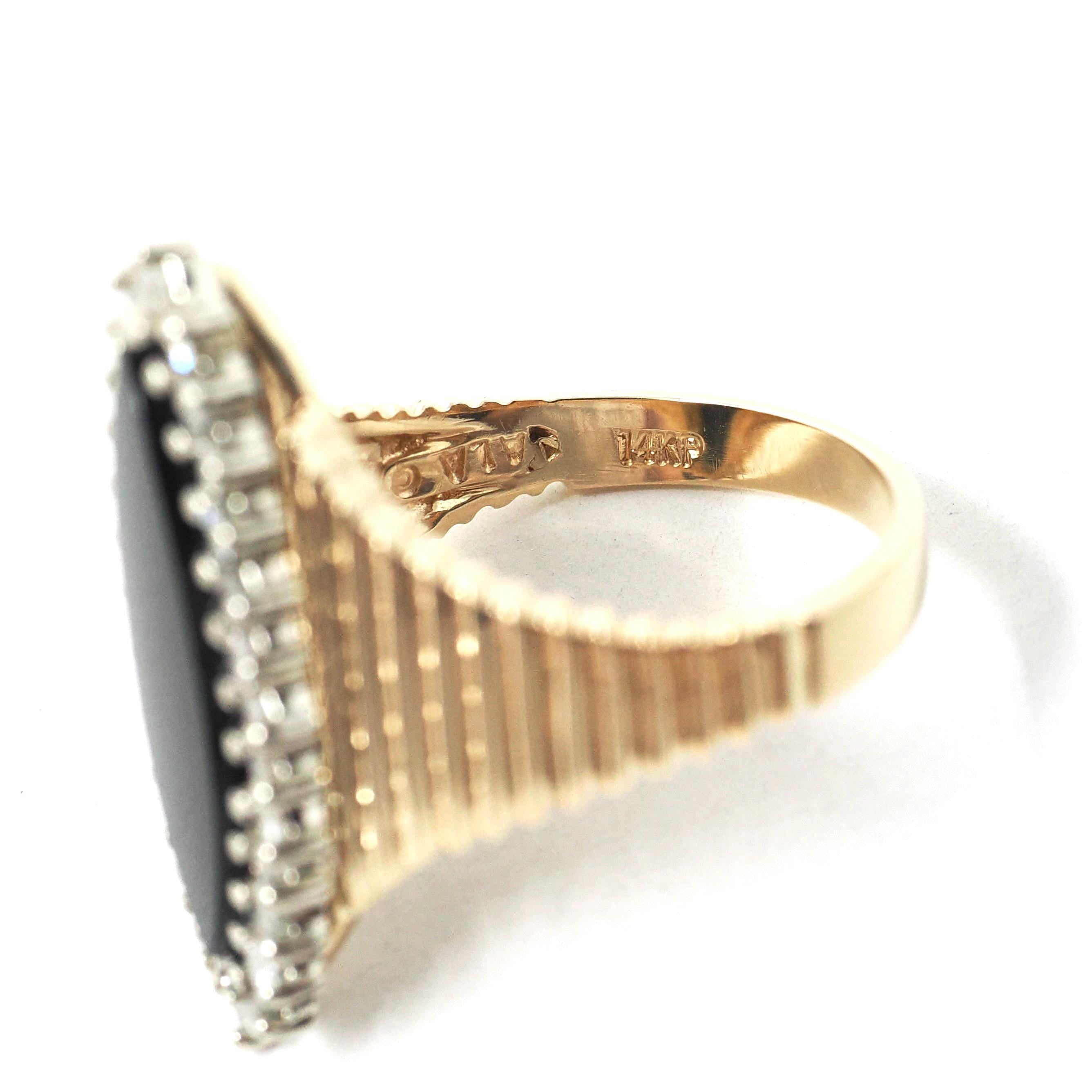 Onyx Halo Ring - Vintage 14k Yellow & White Gold Black Navette Gem .48 CTW Diamonds - Circa 1970s Retro Era Size 6.25 Fine Statement Jewelry
