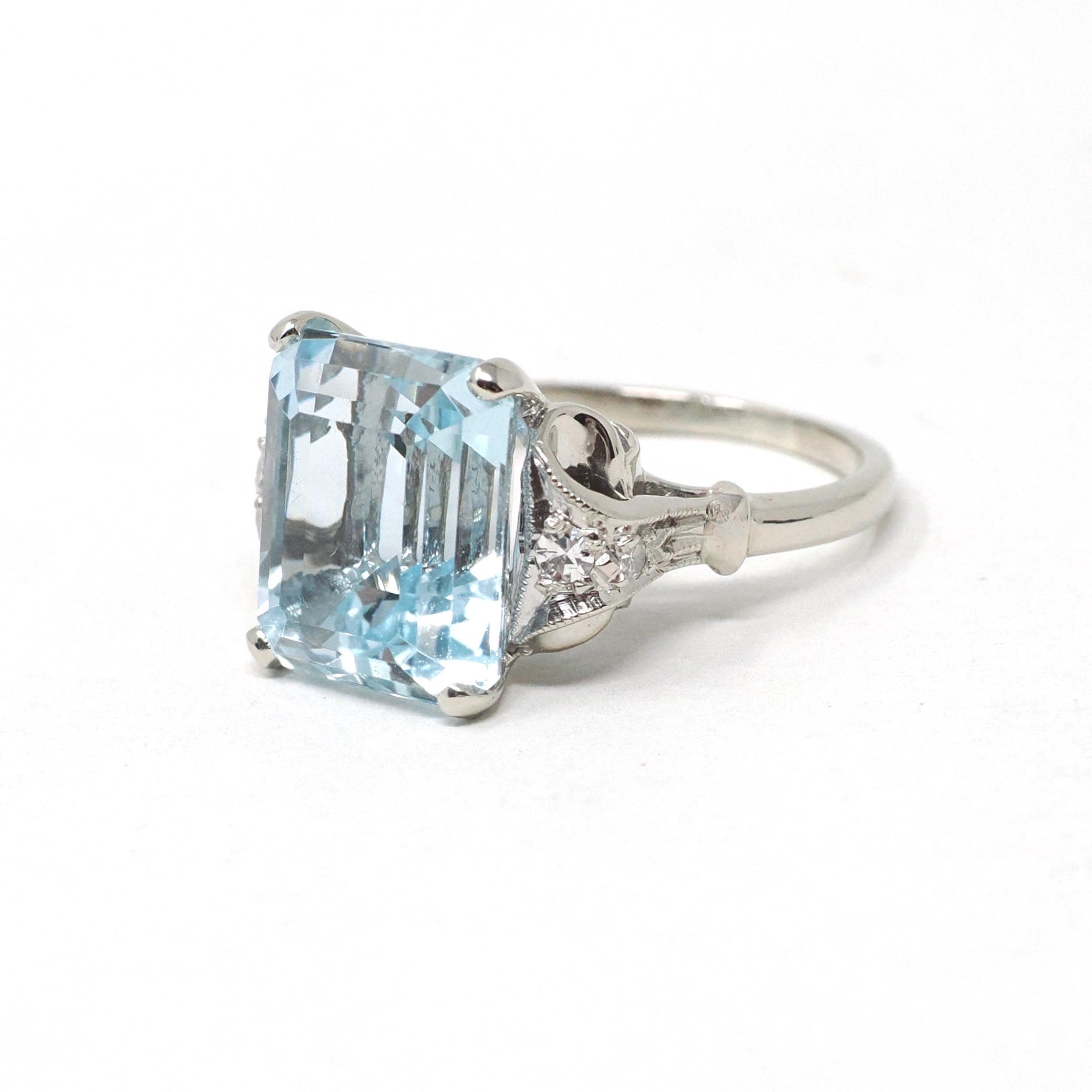 Mid Century Aquamarine Ring - Vintage 14k White Gold Natural 6.25 CT Blue Gem Diamonds - Circa 1950s Size 6 Alternative Engagement Jewelry