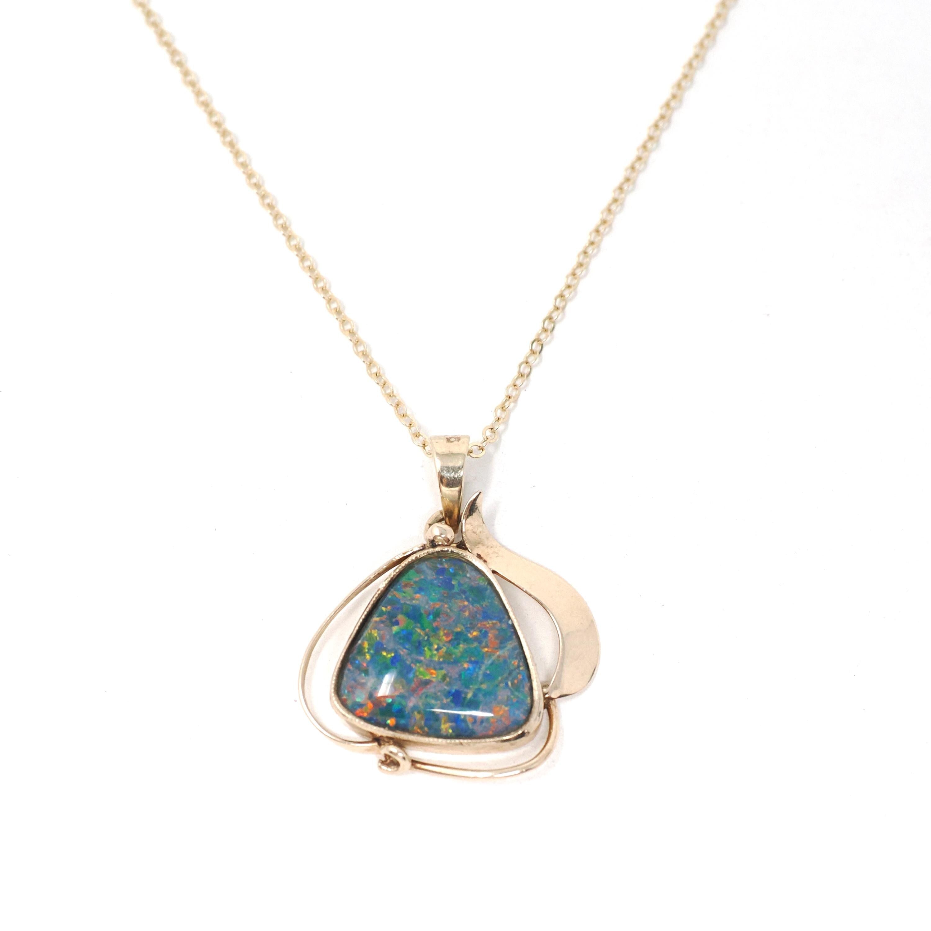 Opal Triplet Pendant - Estate 9ct Yellow Gold Cabochon Cut Necklace Charm - Modern Circa 2000s Era Statement October Birthstone Fine Jewelry