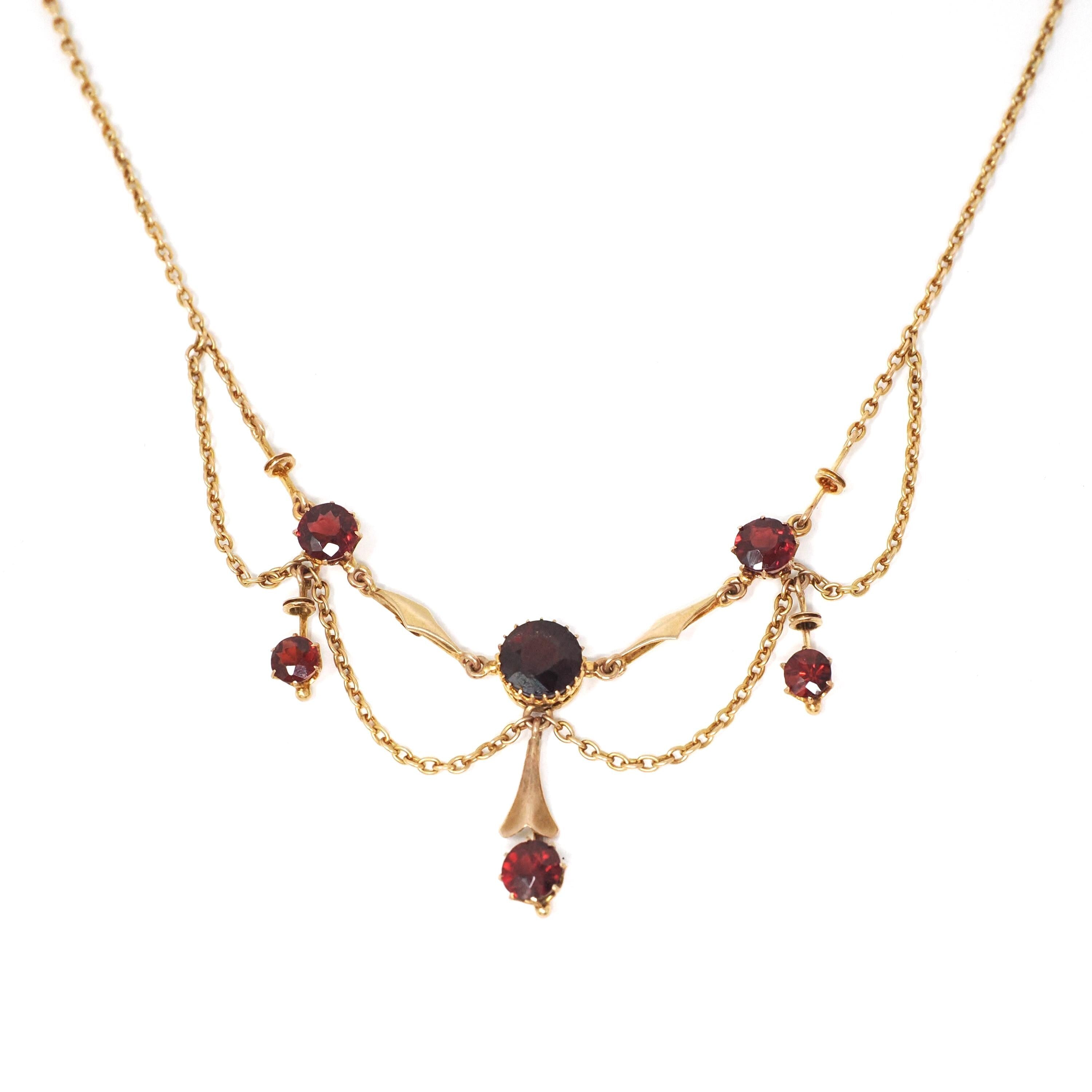 Antique Festoon Necklace - Edwardian Era 9k Yellow Gold Red Garnet Statement - Vintage Art Nouveau 1900s Fine January Birthstone Jewelry