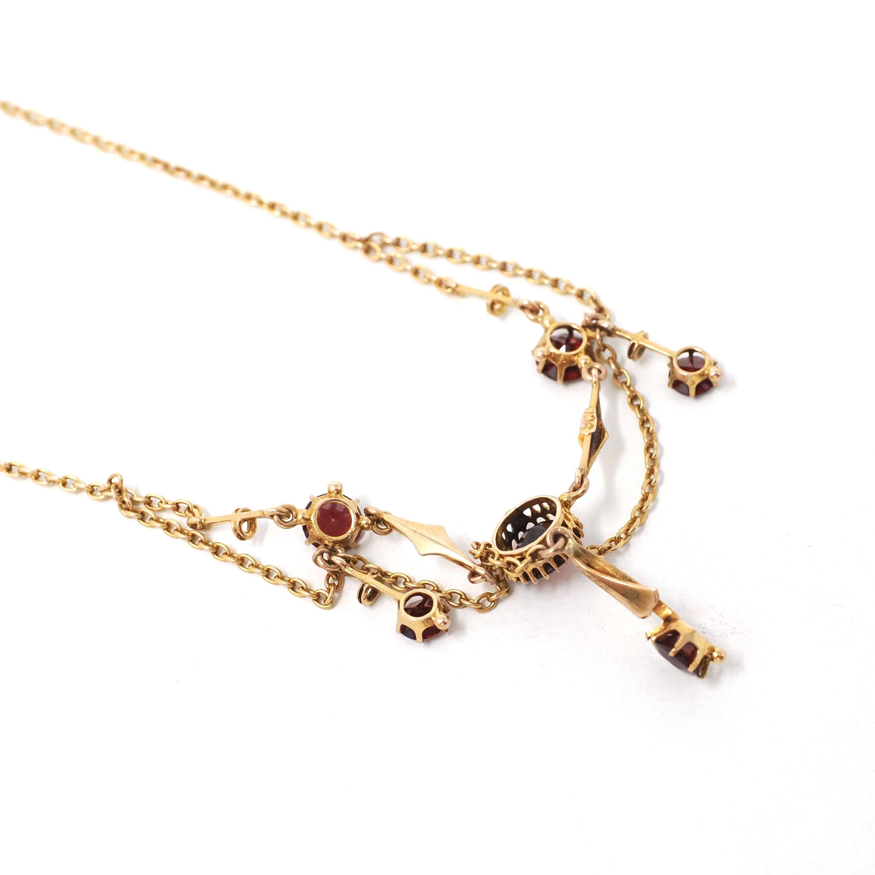 Antique Festoon Necklace - Edwardian Era 9k Yellow Gold Red Garnet Statement - Vintage Art Nouveau 1900s Fine January Birthstone Jewelry