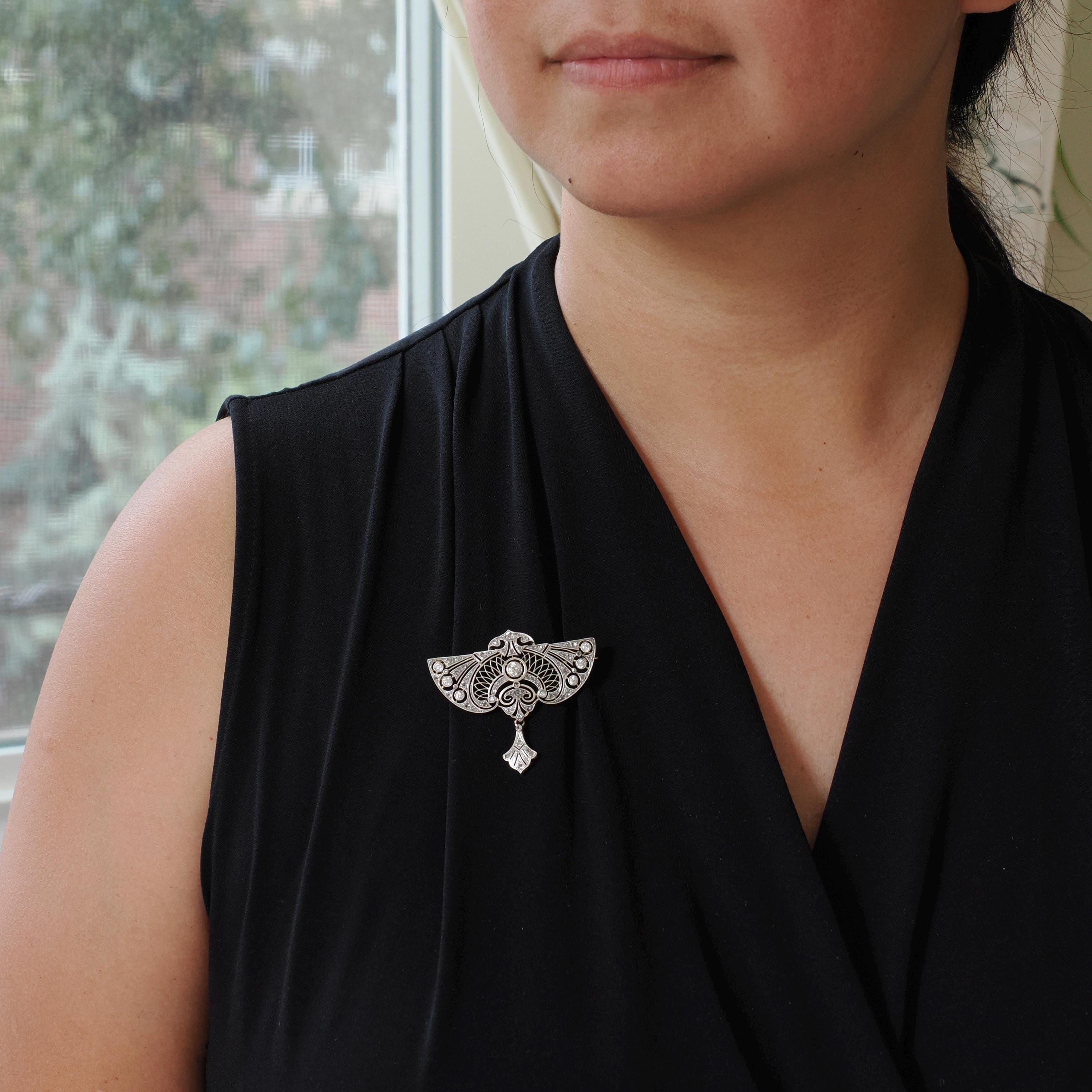 Antique Diamond Brooch - Edwardian Platinum & 18k Yellow Gold Natural 1.09 CTW Filigree Winged Pin - Circa 1910s Early Art Deco Fine Jewelry