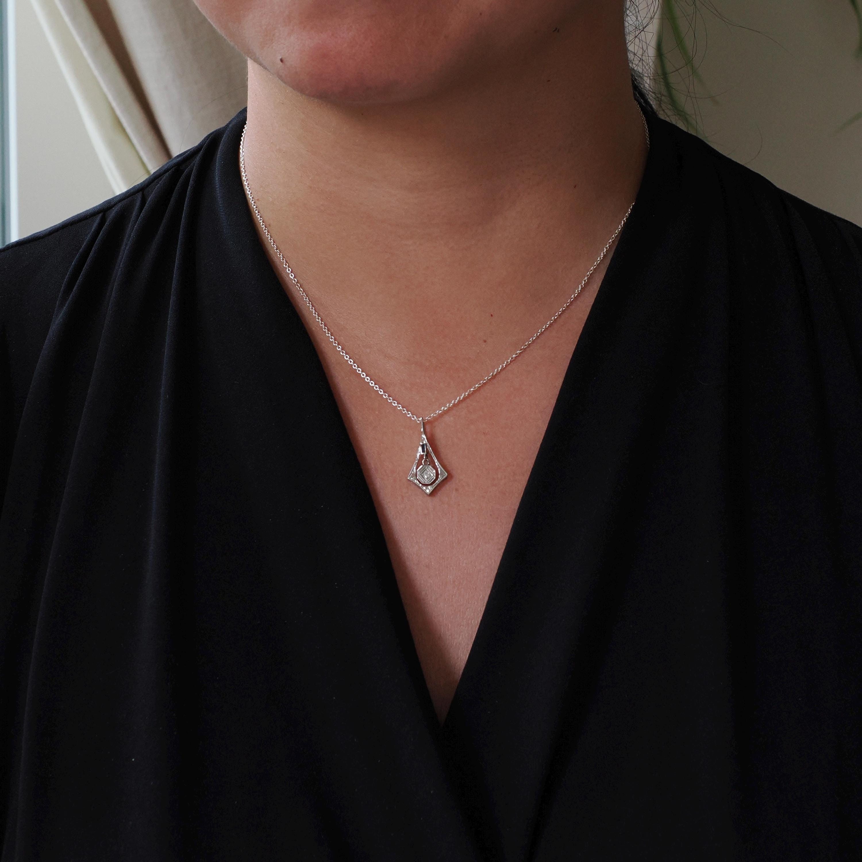 Art Deco Charm - Vintage 18k White Gold Natural Diamond Created Blue Sapphire Pendant Necklace - Circa 1930s Era Dangle Drop Fine Jewelry