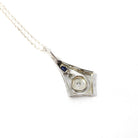 Art Deco Charm - Vintage 18k White Gold Natural Diamond Created Blue Sapphire Pendant Necklace - Circa 1930s Era Dangle Drop Fine Jewelry