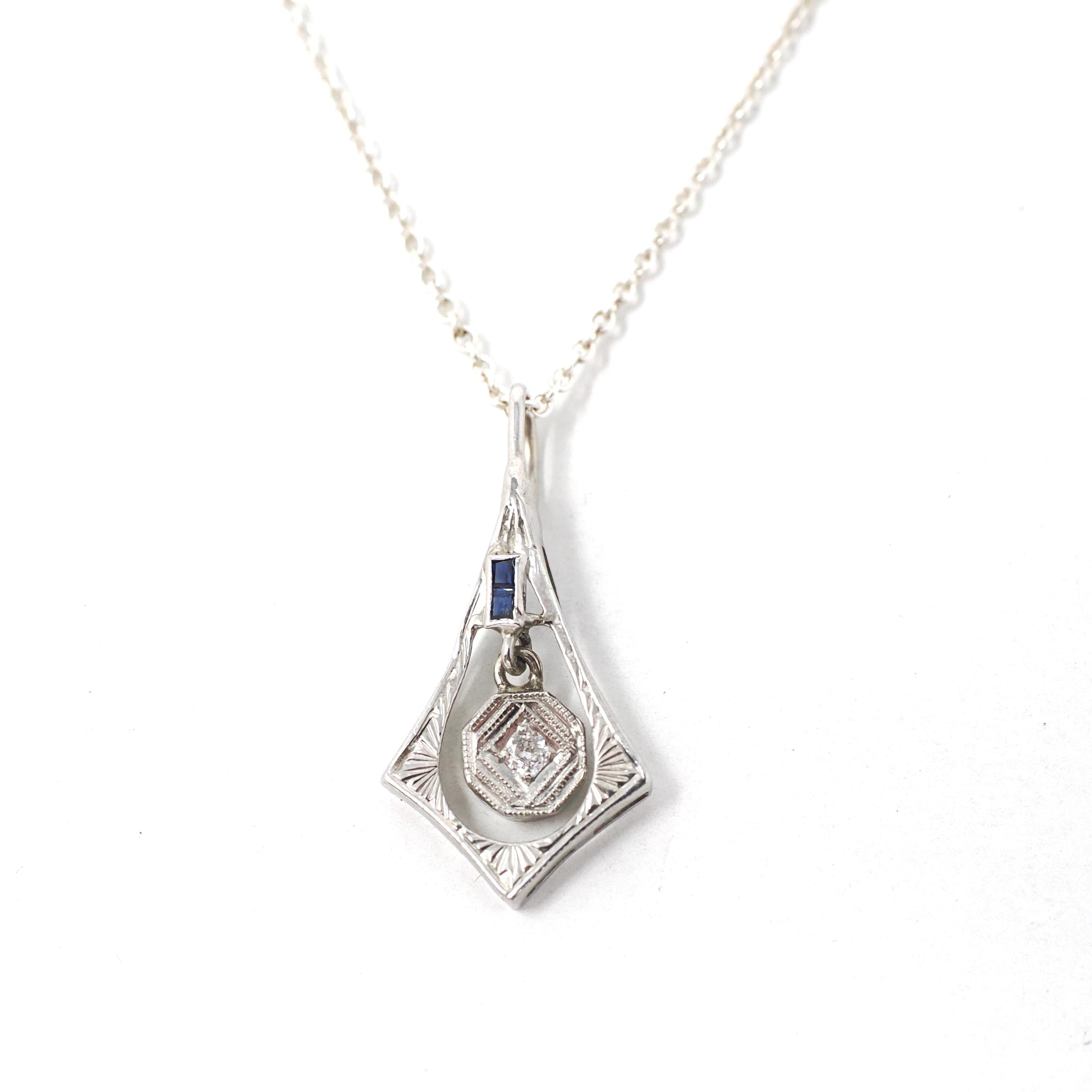 Art Deco Charm - Vintage 18k White Gold Natural Diamond Created Blue Sapphire Pendant Necklace - Circa 1930s Era Dangle Drop Fine Jewelry