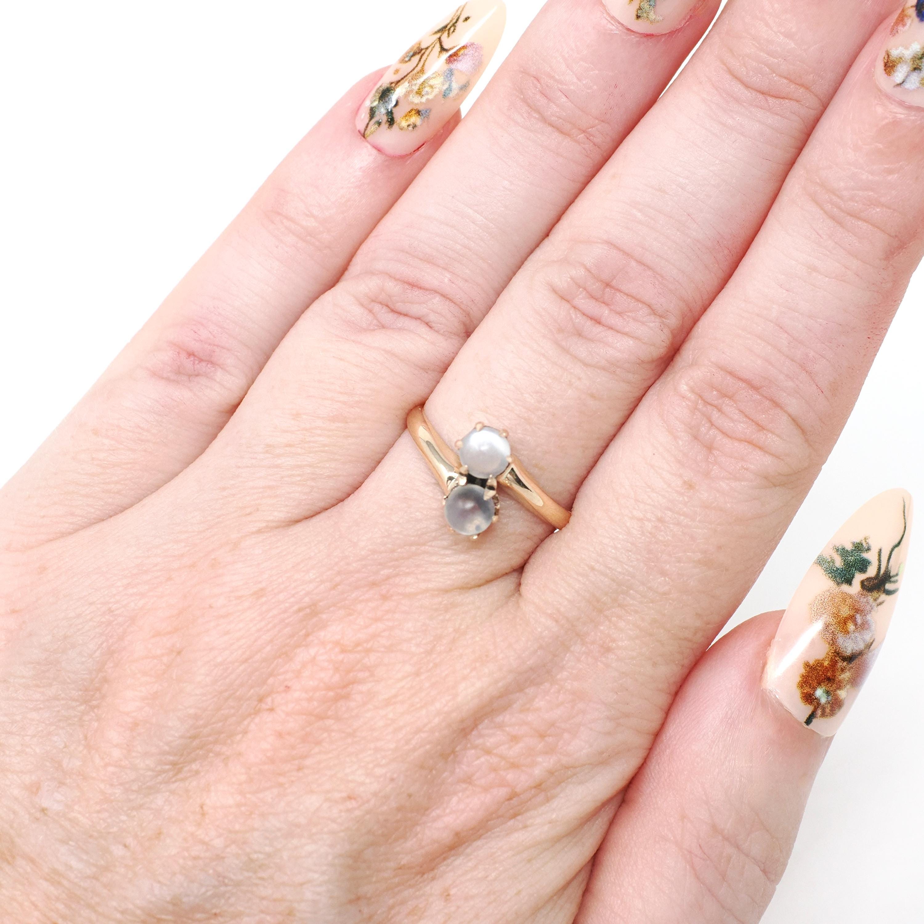 Edwardian Moonstone Ring - Antique 10k Yellow Gold Natural Round Toi Et Moi Orb Gems - Circa Early 1900s Era Size 6 1/2 Bypass Fine Jewelry
