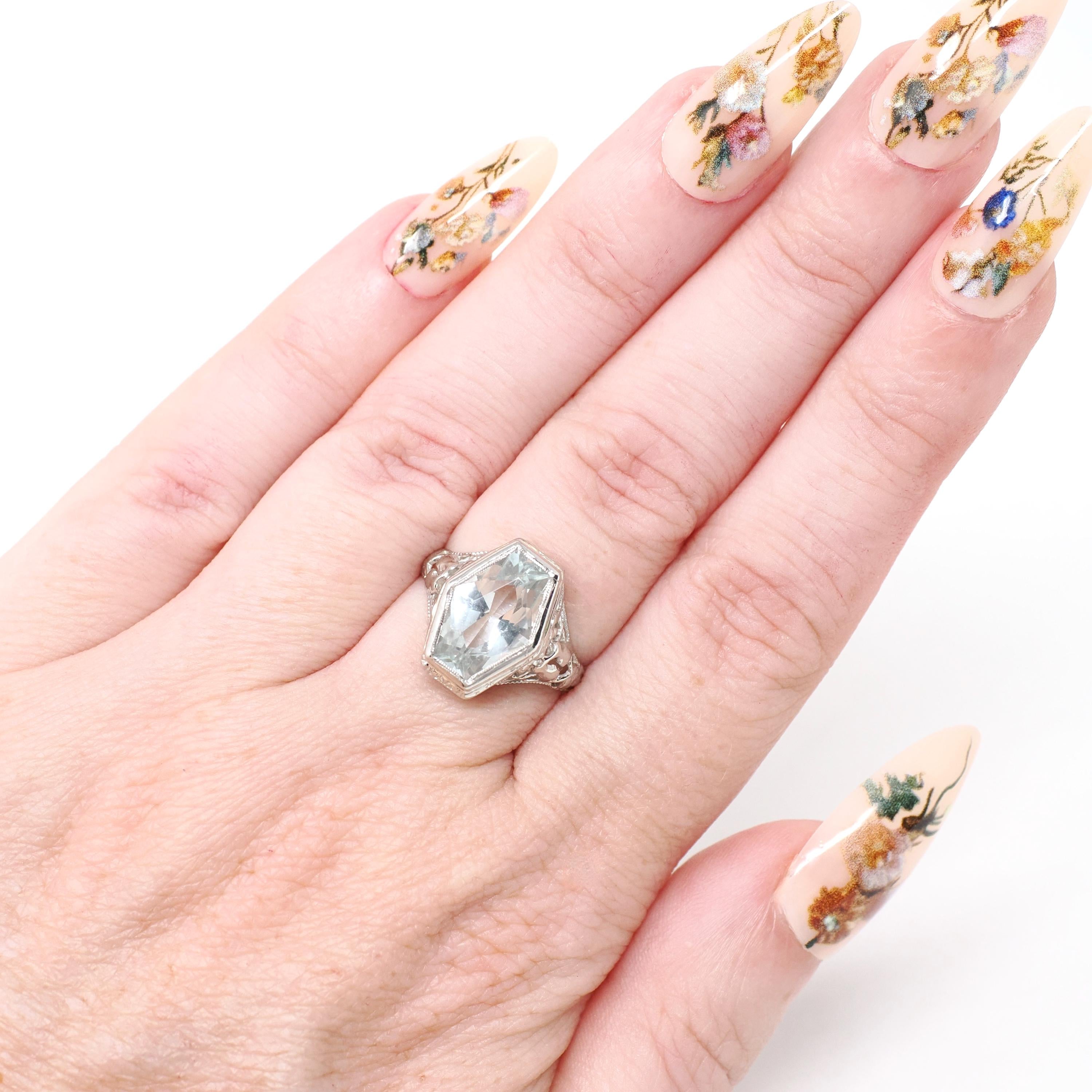 Vintage Aquamarine Ring - Art Deco 14k White Gold Light Blue Hexagon Gemstone - Circa 1930s Era Size 5 1/4 Lovebird Filigree Fine Jewelry