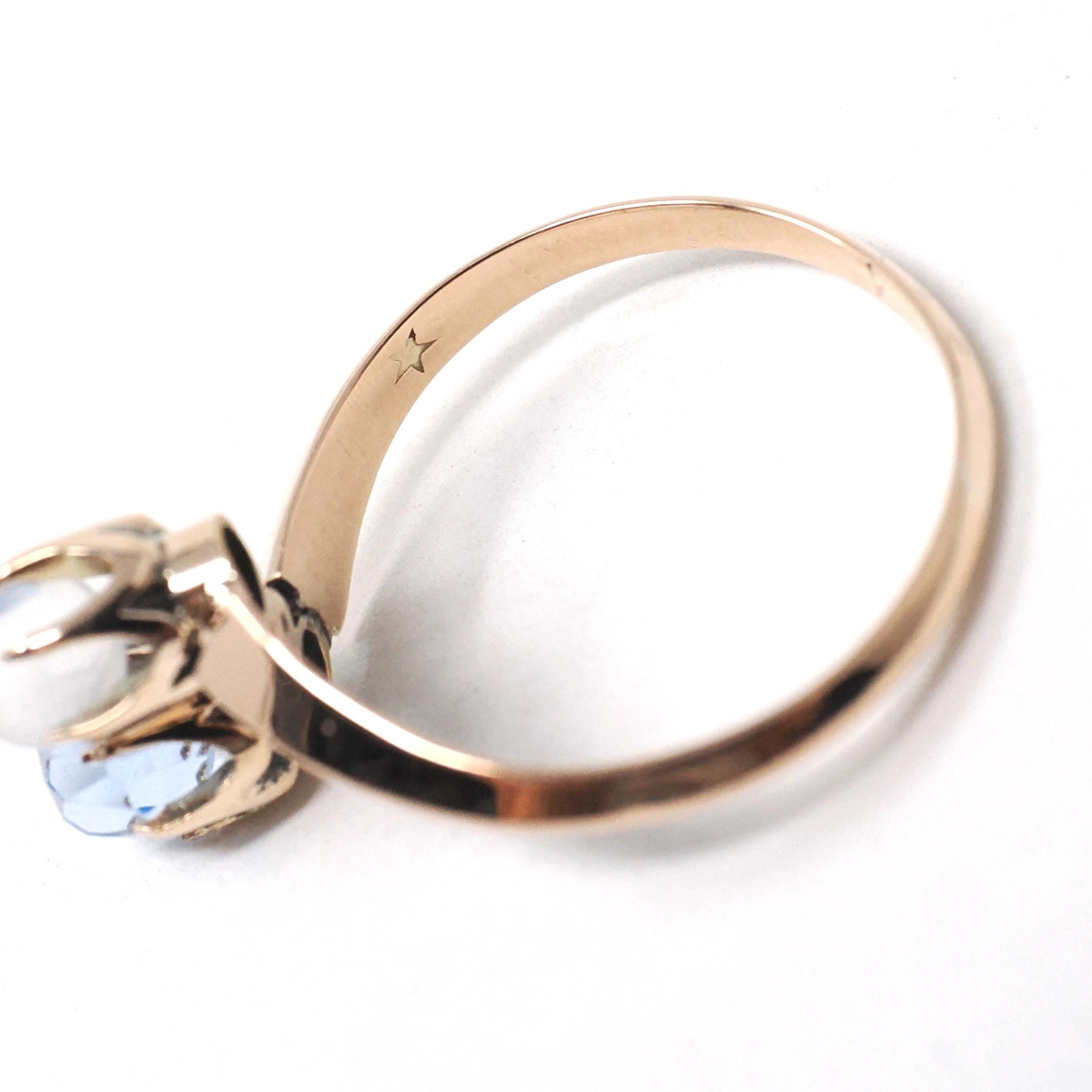 Antique Toi Et Moi Ring - Edwardian 10k Yellow Gold Natural Moonstone & Iolite Gemstone Bypass - Circa Early 1900s Size 7 1/4 Fine Jewelry