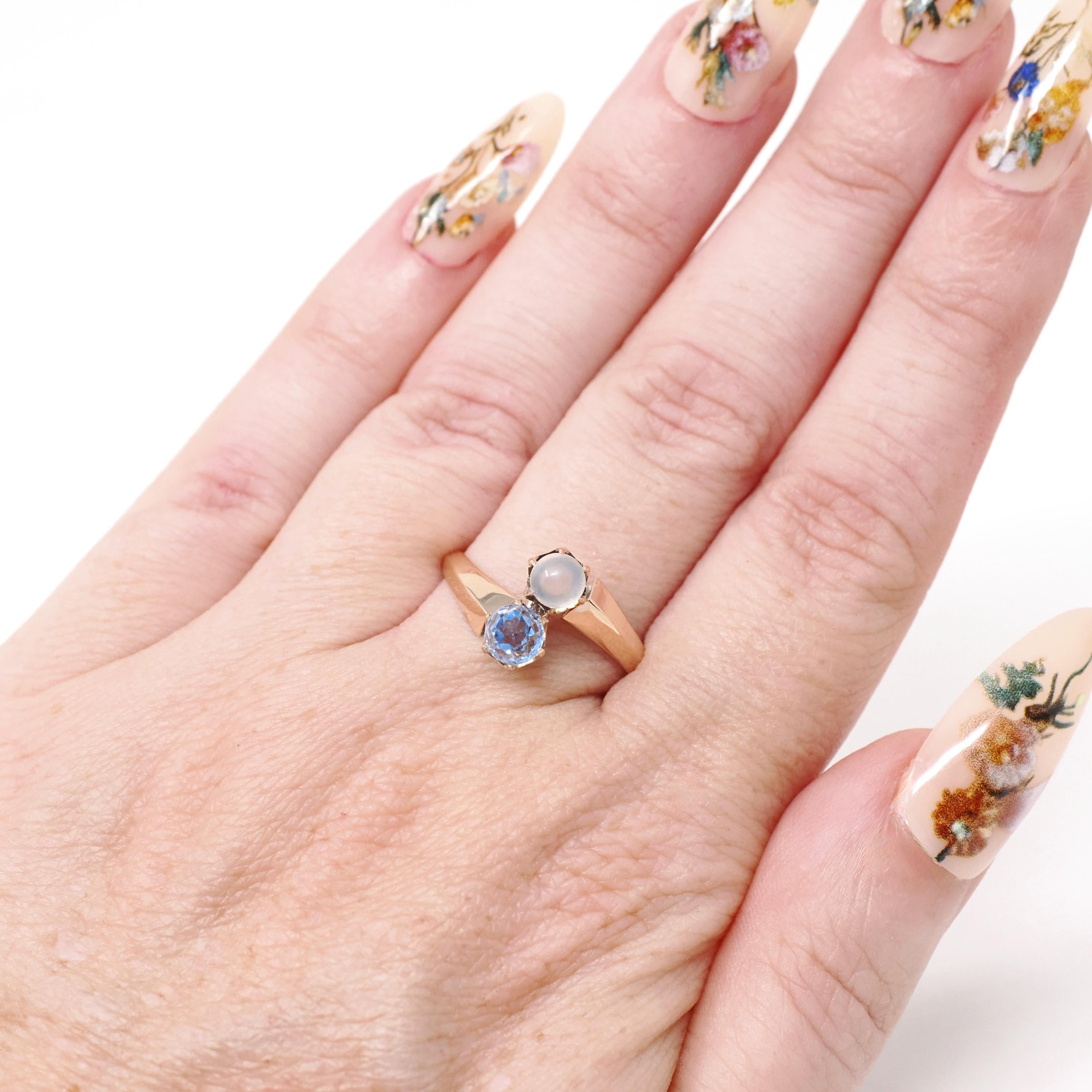 Antique Toi Et Moi Ring - Edwardian 10k Yellow Gold Natural Moonstone & Iolite Gemstone Bypass - Circa Early 1900s Size 7 1/4 Fine Jewelry