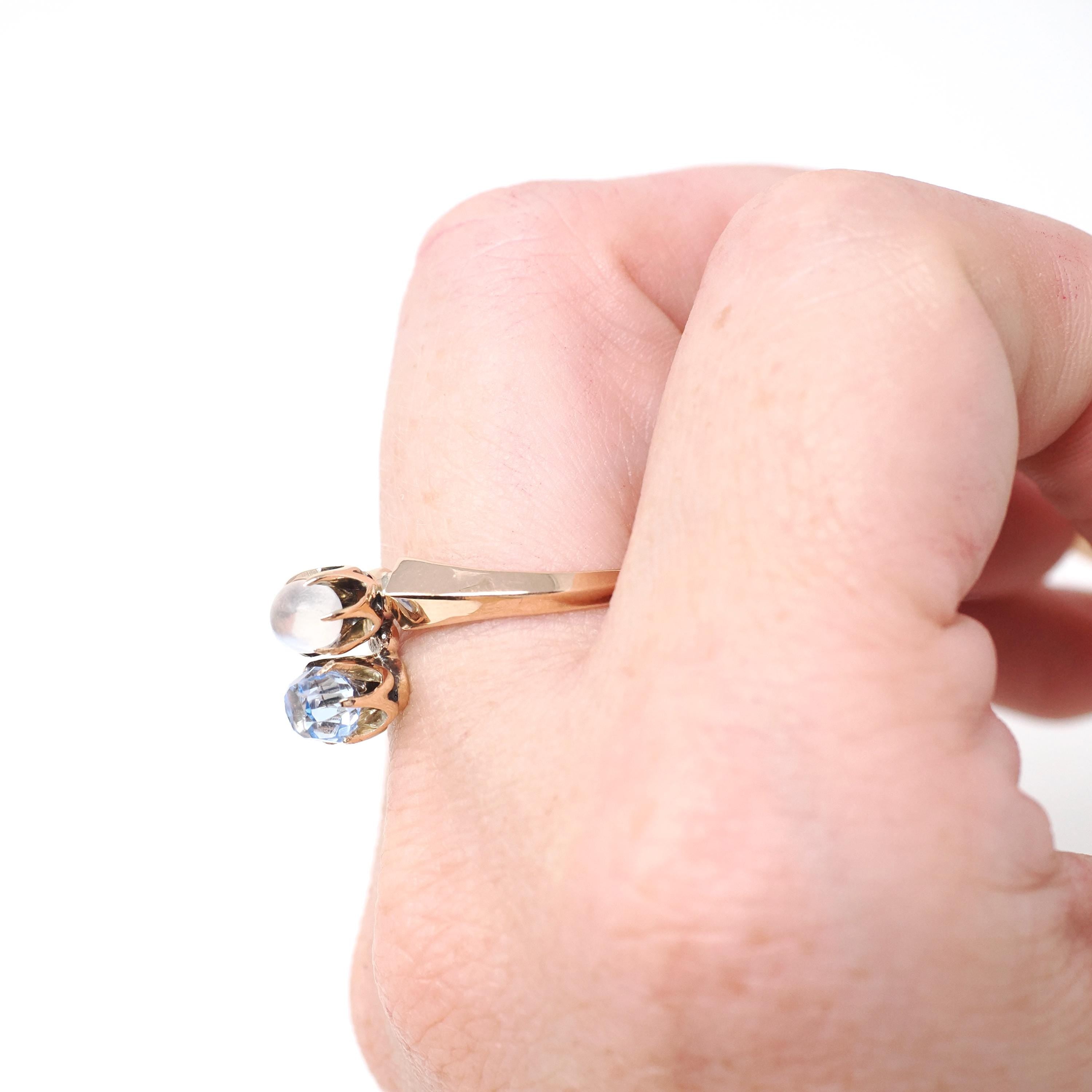 Antique Toi Et Moi Ring - Edwardian 10k Yellow Gold Natural Moonstone & Iolite Gemstone Bypass - Circa Early 1900s Size 7 1/4 Fine Jewelry
