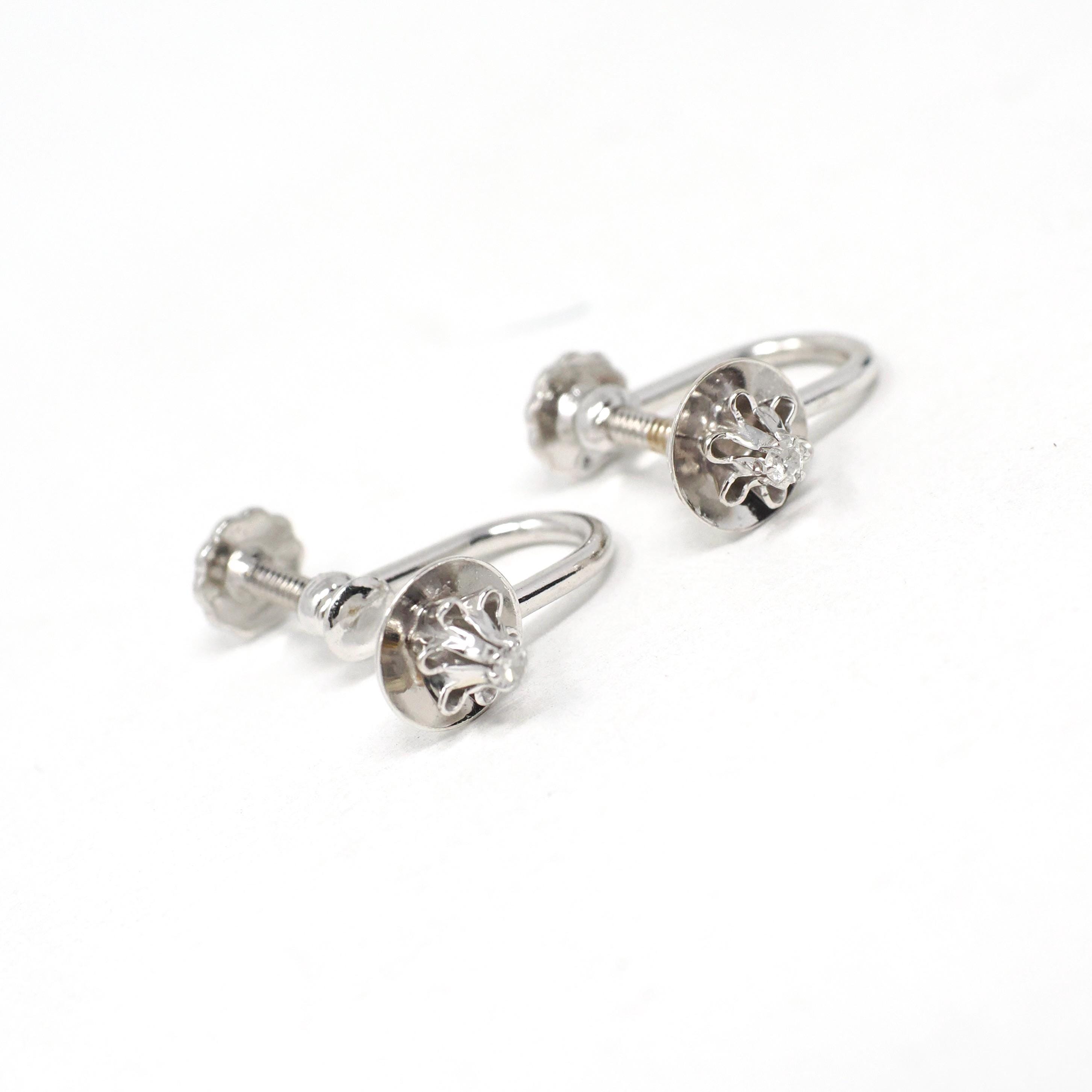 Vintage Diamond Earrings - Retro 14k White Gold .05 CTW Round Buttercup Flower Screw Backs - Circa 1960s Era Floral Fine Bridal Jewelry