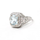 Vintage Aquamarine Ring - Art Deco 14k White Gold French Cut Octagonal Natural Blue Gemstone - Circa 1930s Size 5 1/4 Filigree Fine Jewelry