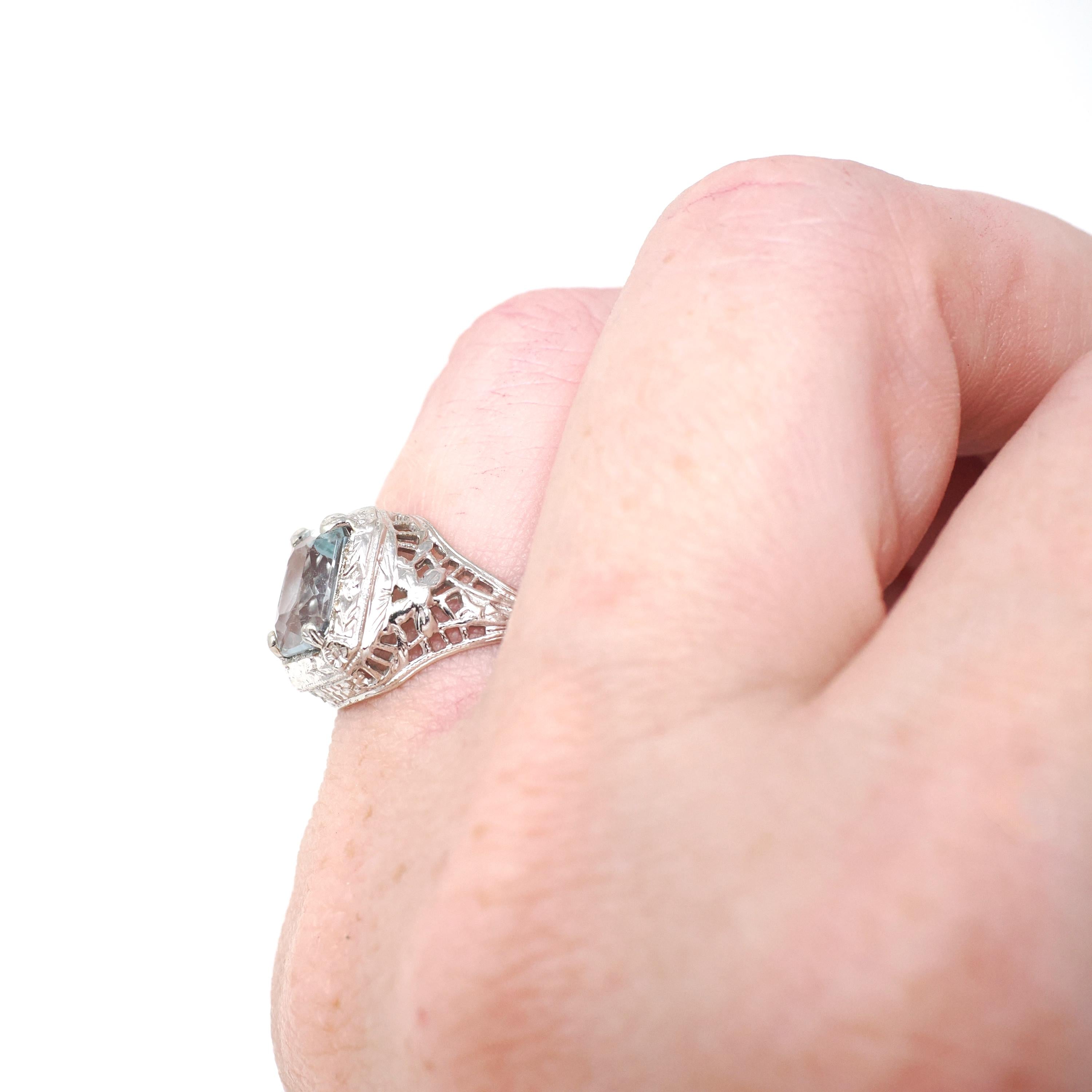 Vintage Aquamarine Ring - Art Deco 14k White Gold French Cut Octagonal Natural Blue Gemstone - Circa 1930s Size 5 1/4 Filigree Fine Jewelry