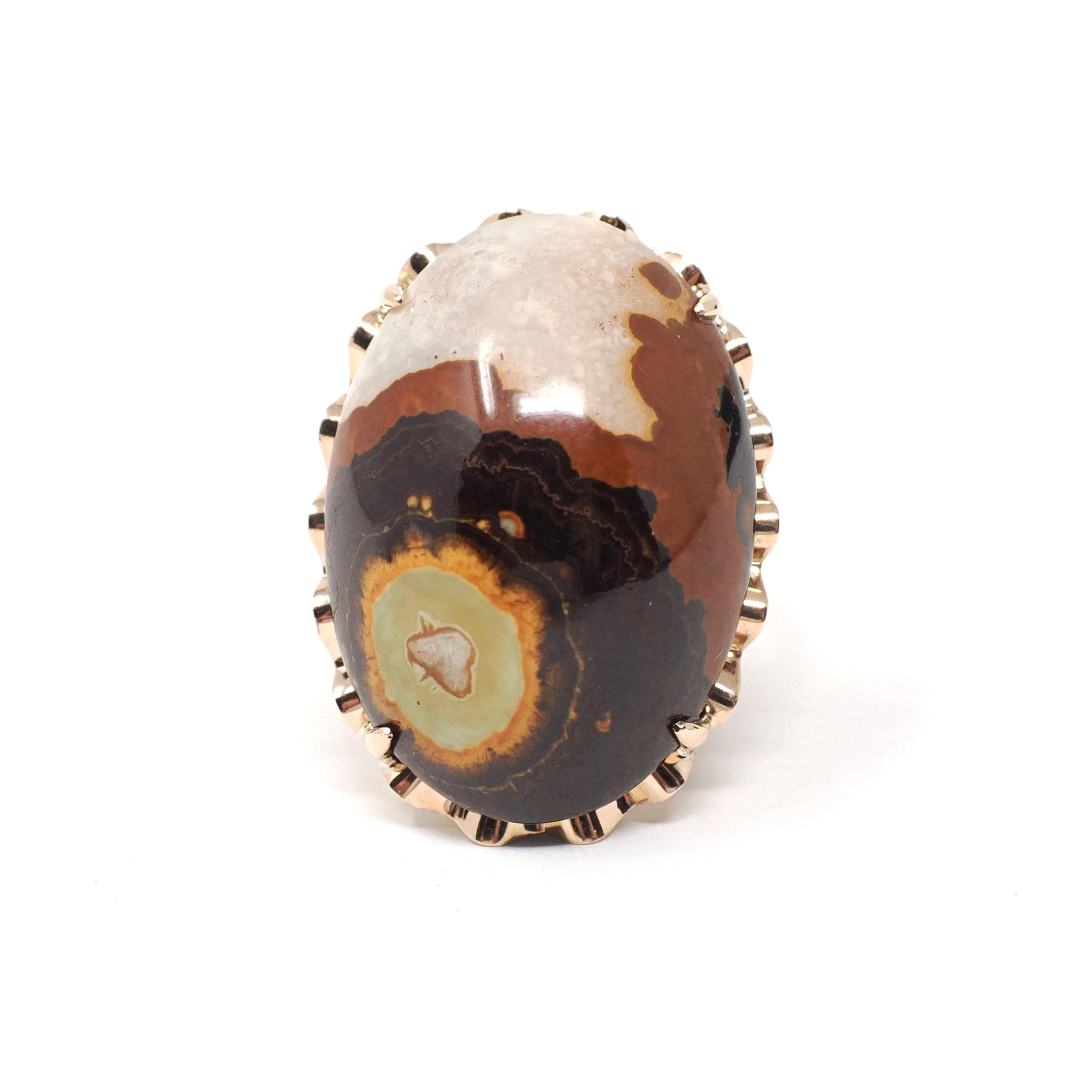 Vintage Jasper Ring - Mid Century 10k Yellow Gold Large Oval Cabochon Gemstone - Circa 1960s Era Size 7 Cocktail Fine Statement Jewelry