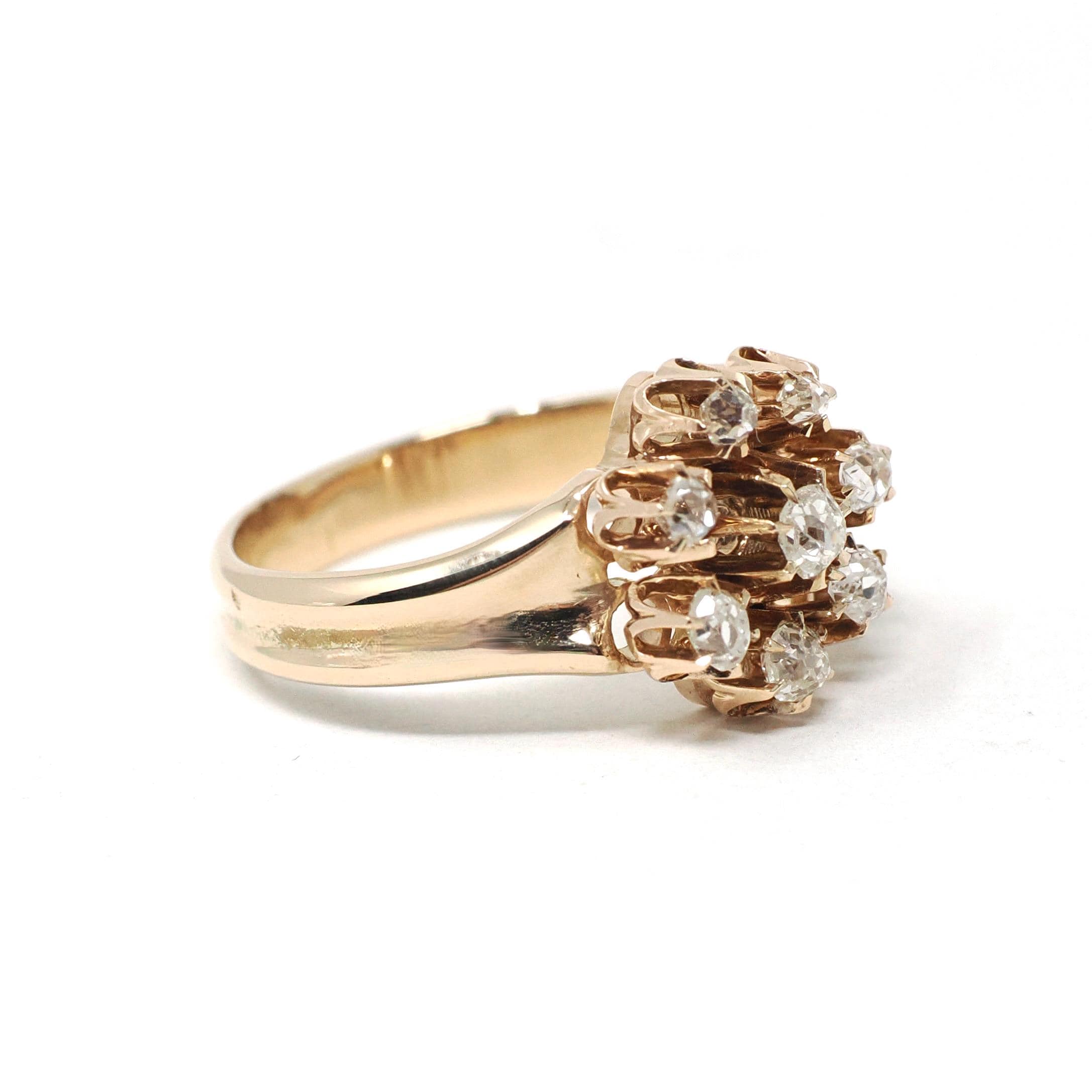 Antique Diamond Ring - Victorian Era 14k Yellow Gold Natural Flower Gemstone Halo - Circa 1890s Size 6 1/4 Cluster Fine Statement Jewelry