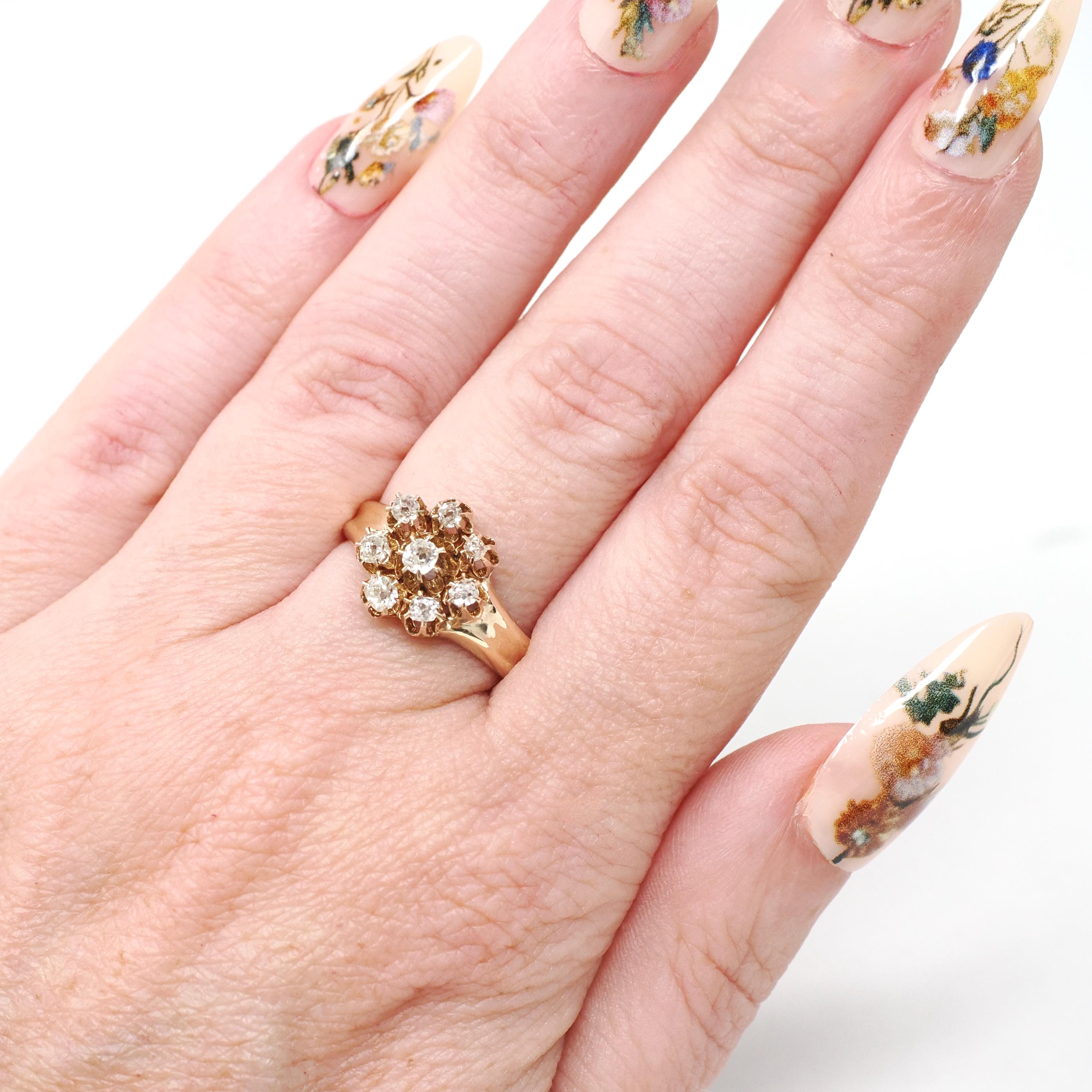 Antique Diamond Ring - Victorian Era 14k Yellow Gold Natural Flower Gemstone Halo - Circa 1890s Size 6 1/4 Cluster Fine Statement Jewelry