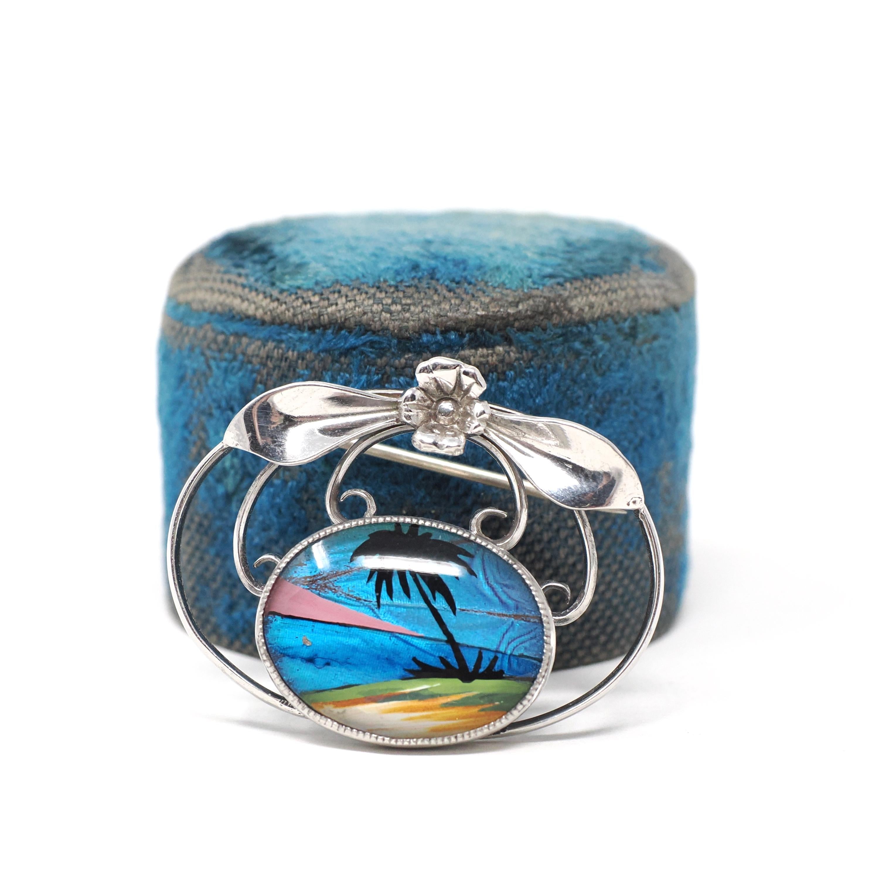 Morpho Butterfly Brooch - Art Deco Sterling Silver Blue Iridescent Wing Pin - Circa 1930s Era Tropical Palm Tree Sunset Souvenir Jewelry