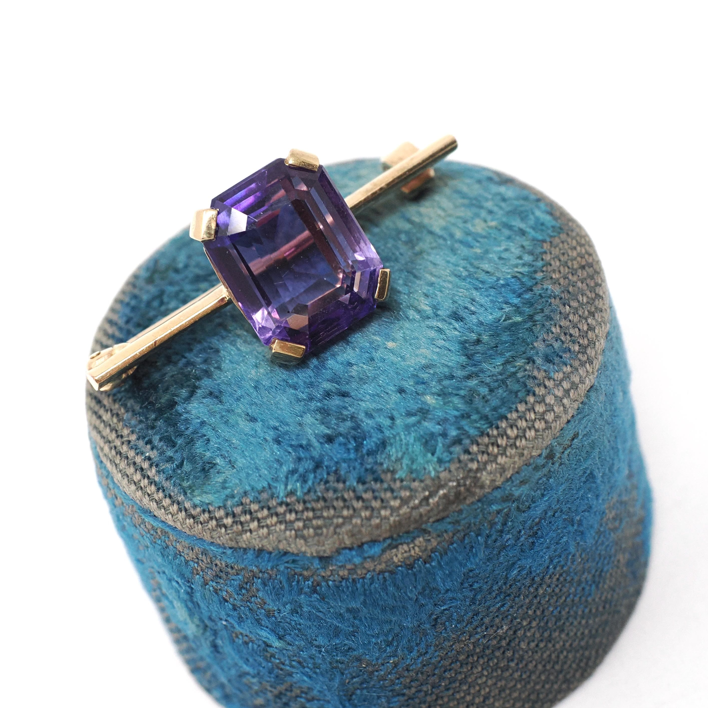 Modern Amethyst Brooch - Estate 10k Yellow Gold Purple Emerald Step Cut Gemstone Pin - Vintage Circa 1990s Era Fine Statement Accessory