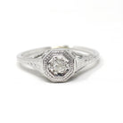 Vintage Diamond Ring - Art Deco 18k White Gold Natural .10 CT Solitaire Engagement - Circa 1930s Size 6 Octagonal Filigree Fine Jewelry