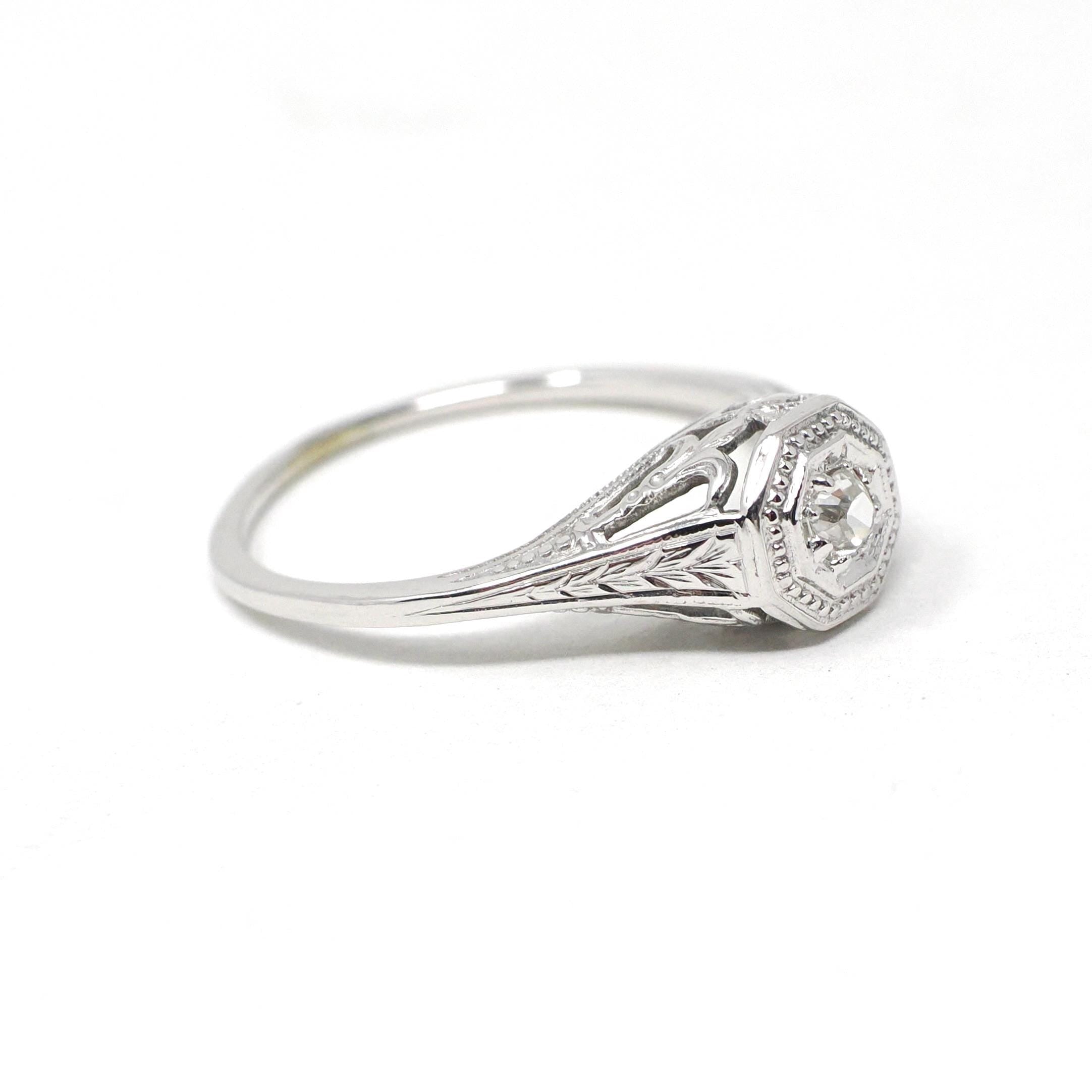 Vintage Diamond Ring - Art Deco 18k White Gold Natural .10 CT Solitaire Engagement - Circa 1930s Size 6 Octagonal Filigree Fine Jewelry