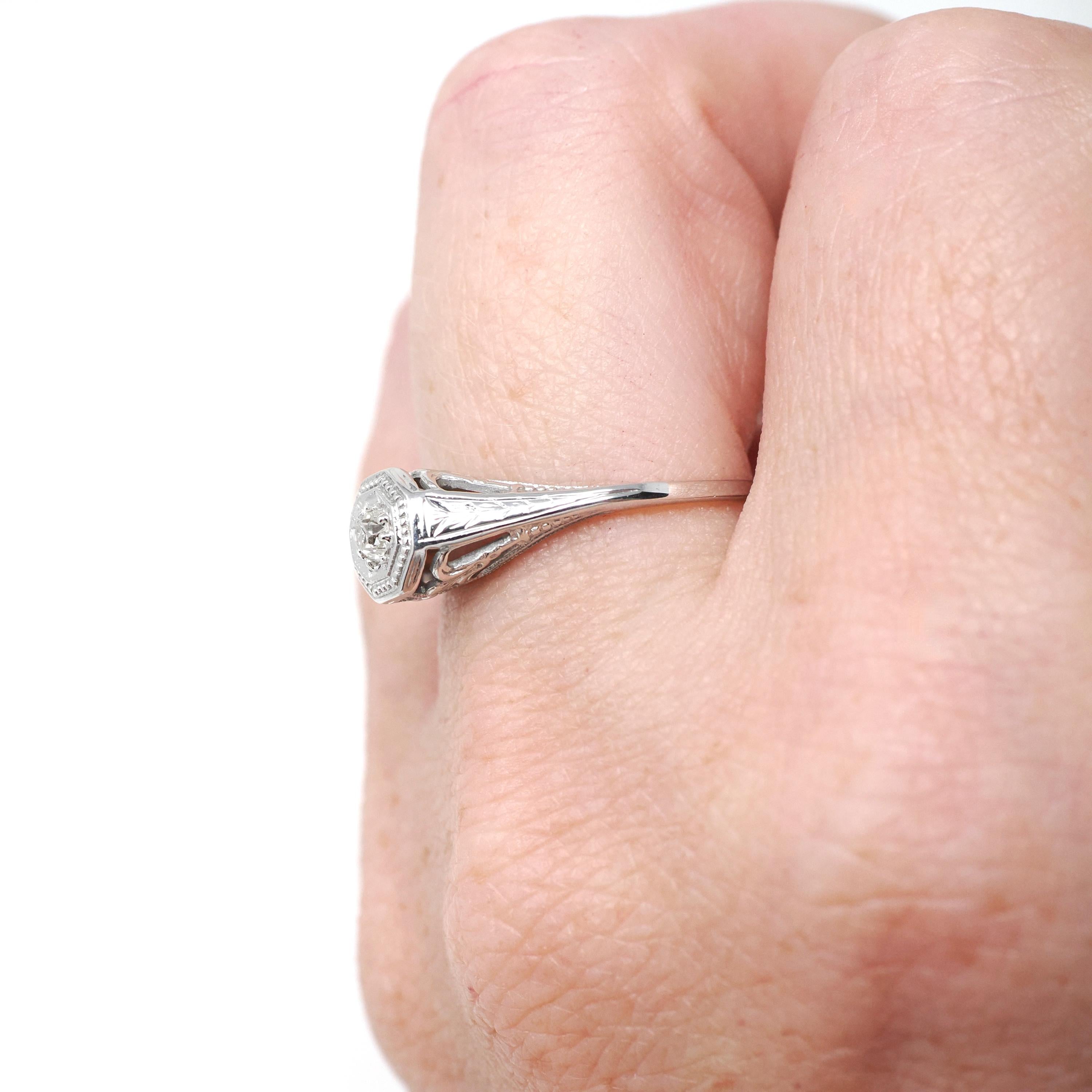 Vintage Diamond Ring - Art Deco 18k White Gold Natural .10 CT Solitaire Engagement - Circa 1930s Size 6 Octagonal Filigree Fine Jewelry