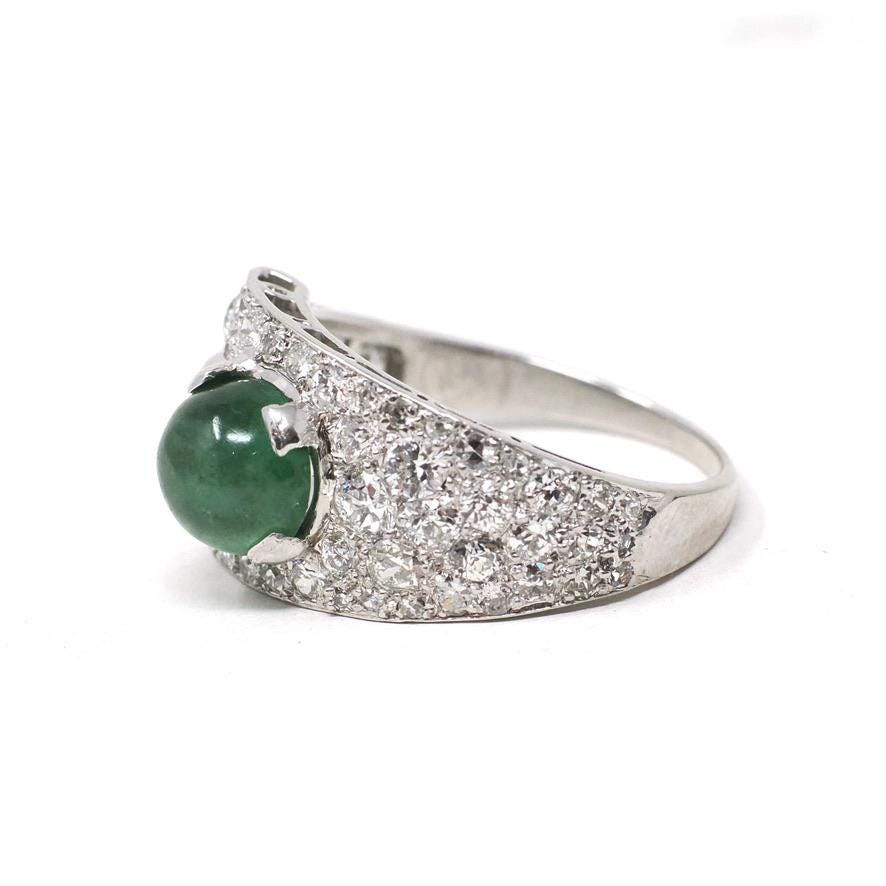 Emerald & Diamond Ring - Mid Century Platinum Natural Green Cabochon Beryl 1.72 CTW Accents - Circa 1950s Size 8.75 Buckle Band Fine Jewelry