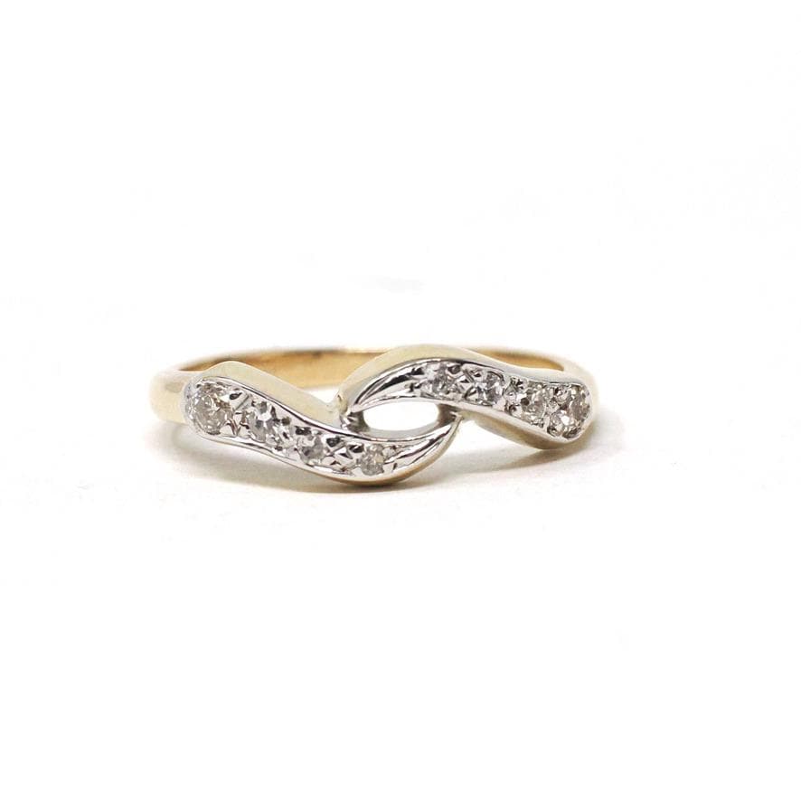 Bypass Wedding Ring - Mid Century 14k Yellow Gold Two Tone .16 CTW Antique Diamond Twist Band - Circa 1940s Size 4 1/4 Fine Bridal Jewelry