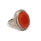 Antique Carnelian Ring - Art Deco 14k White Gold Oval Cabochon Cut Natural Gem - Circa 1920s Era Size 4 1/2 Statement Filigree Fine Jewelry