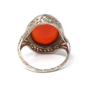 Antique Carnelian Ring - Art Deco 14k White Gold Oval Cabochon Cut Natural Gem - Circa 1920s Era Size 4 1/2 Statement Filigree Fine Jewelry