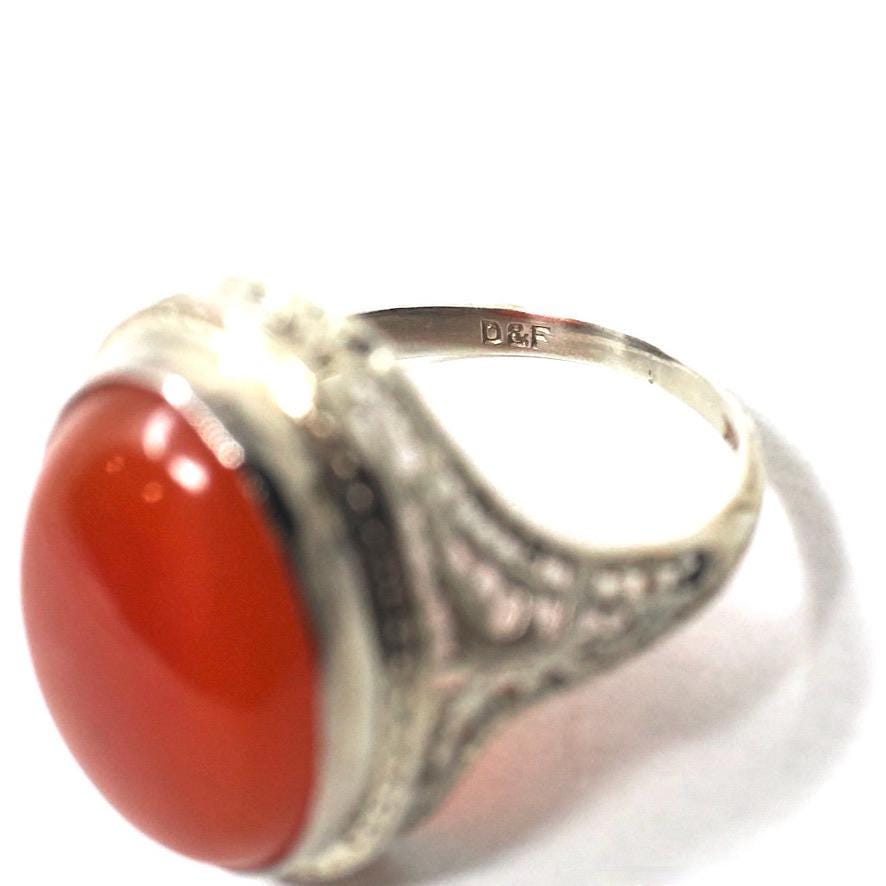 Antique Carnelian Ring - Art Deco 14k White Gold Oval Cabochon Cut Natural Gem - Circa 1920s Era Size 4 1/2 Statement Filigree Fine Jewelry