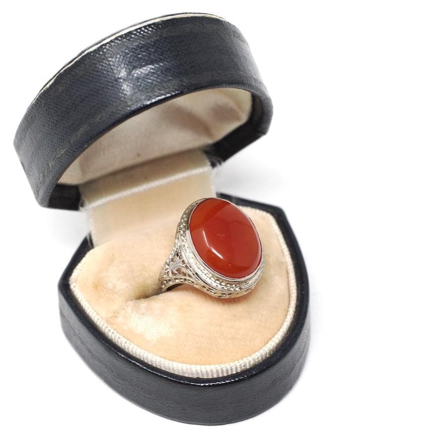 Antique Carnelian Ring - Art Deco 14k White Gold Oval Cabochon Cut Natural Gem - Circa 1920s Era Size 4 1/2 Statement Filigree Fine Jewelry
