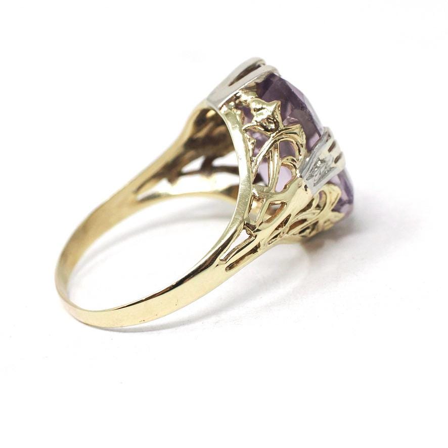 Vintage Amethyst Ring - Art Deco 14k Yellow Gold Filigree Emerald Cut Purple Gem - Circa 1930s Era Size 6 3/4 Floral Two Tone Fine Jewelry
